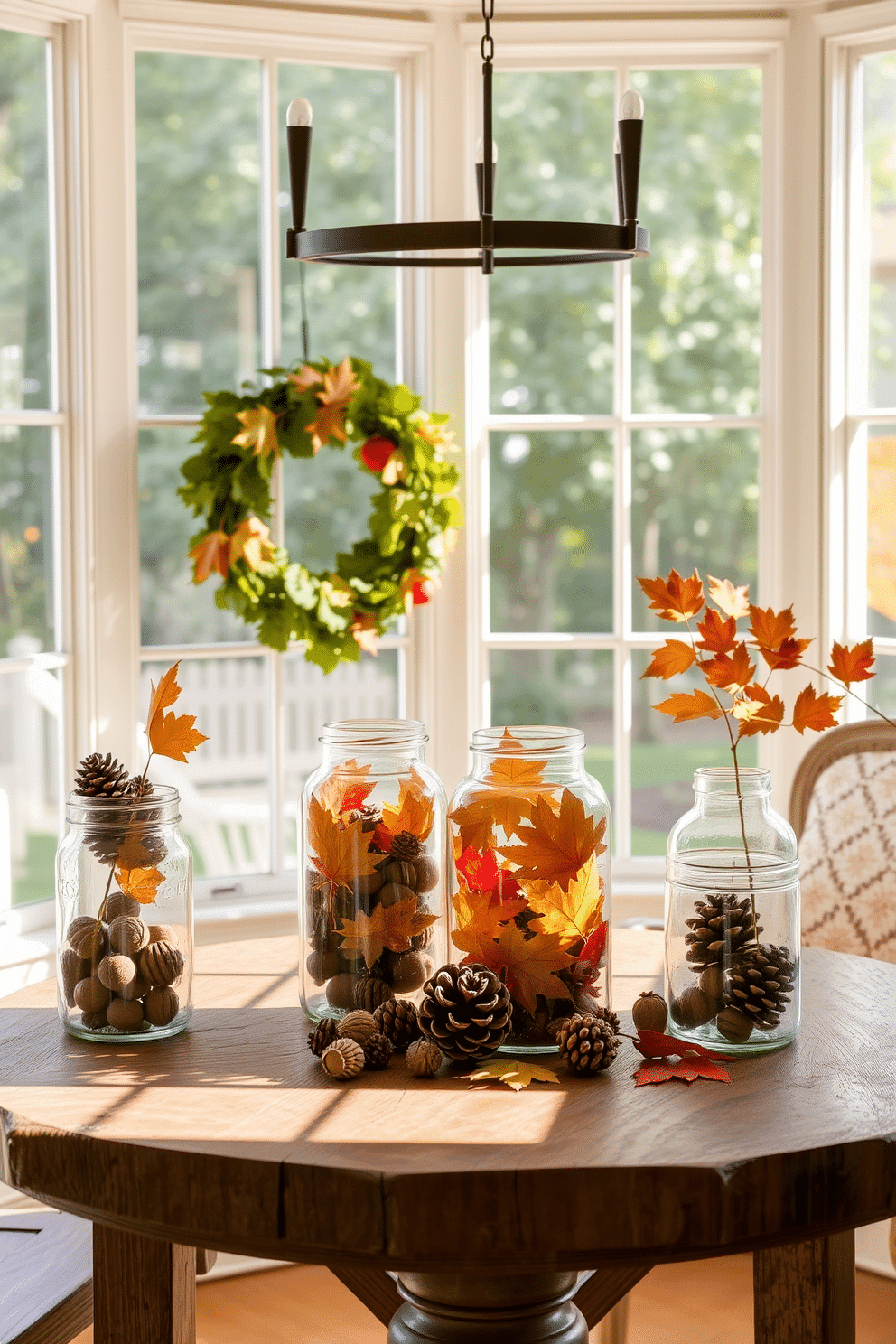 A cozy sunroom adorned with glass jars filled with autumn treasures such as pinecones, acorns, and colorful leaves. Soft natural light filters through the large windows, illuminating a rustic wooden table topped with these decorative jars, creating a warm and inviting atmosphere.