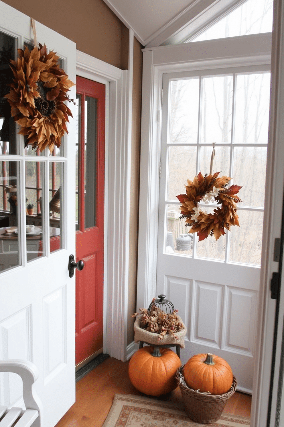 Create a warm and inviting sunroom decorated for Thanksgiving. Adorn the doors and windows with seasonal wreaths made of autumn leaves, pinecones, and berries to enhance the cozy atmosphere.