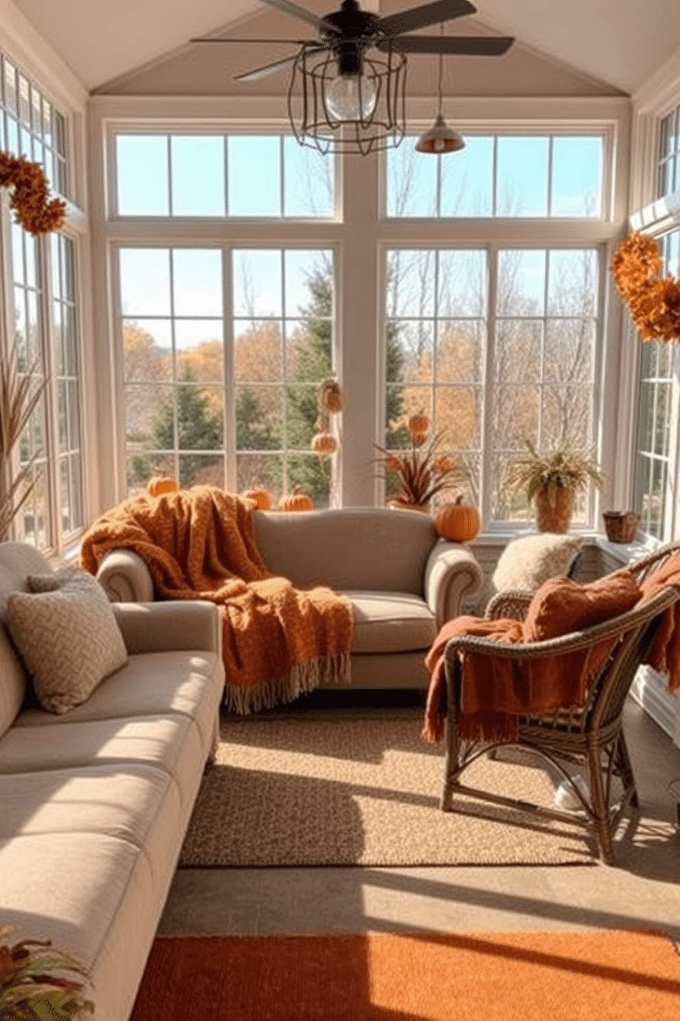 A cozy sunroom filled with natural light. Textured throws in warm autumn colors are draped over a plush sofa and wicker chairs, creating an inviting atmosphere. The walls are adorned with seasonal decorations, featuring pumpkins and garlands of dried leaves. Large windows showcase the fall landscape outside, enhancing the festive ambiance.