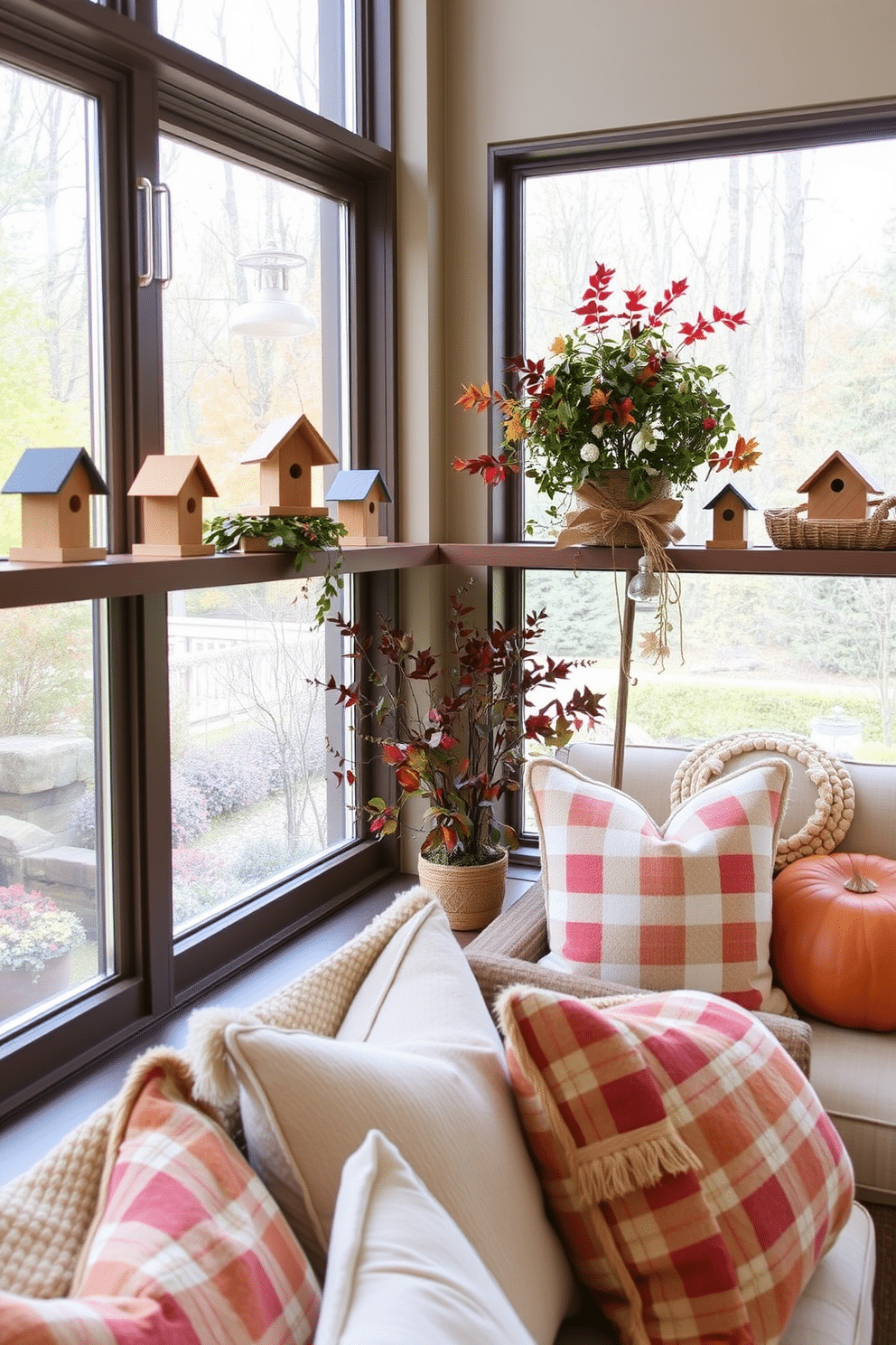 Charming birdhouses are placed on shelves and window sills, adding a whimsical touch to the sunroom. The warm autumn colors of Thanksgiving are reflected in cozy throw pillows and seasonal decor scattered throughout the space.