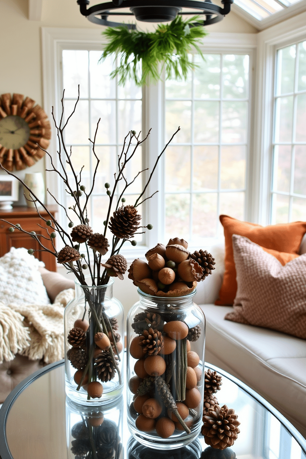 Artistic arrangements of pinecones and acorns create a warm and inviting atmosphere in the sunroom. Natural elements are beautifully displayed in glass vases, complemented by soft, textured throws and cushions in autumnal colors.