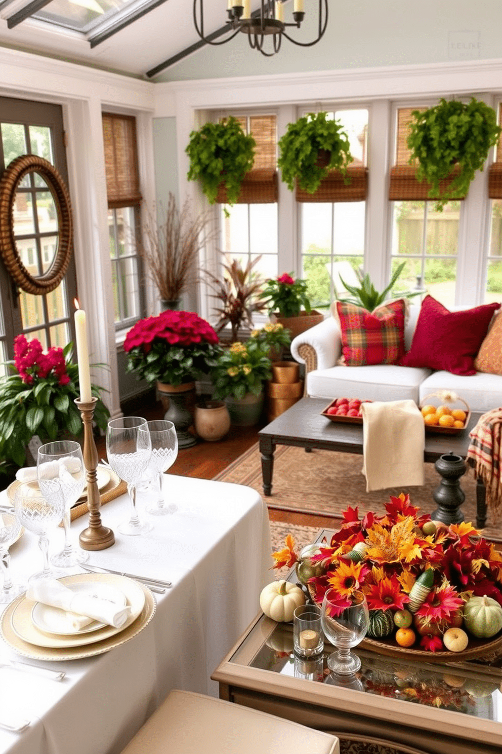 Elegant place settings for festive meals. A beautifully set table adorned with fine china and crystal glassware, featuring seasonal centerpieces of autumn leaves and candles. Thanksgiving sunroom decorating ideas. Cozy seating arrangements with plush cushions and warm throws, complemented by vibrant potted plants and a harvest-themed display on the coffee table.