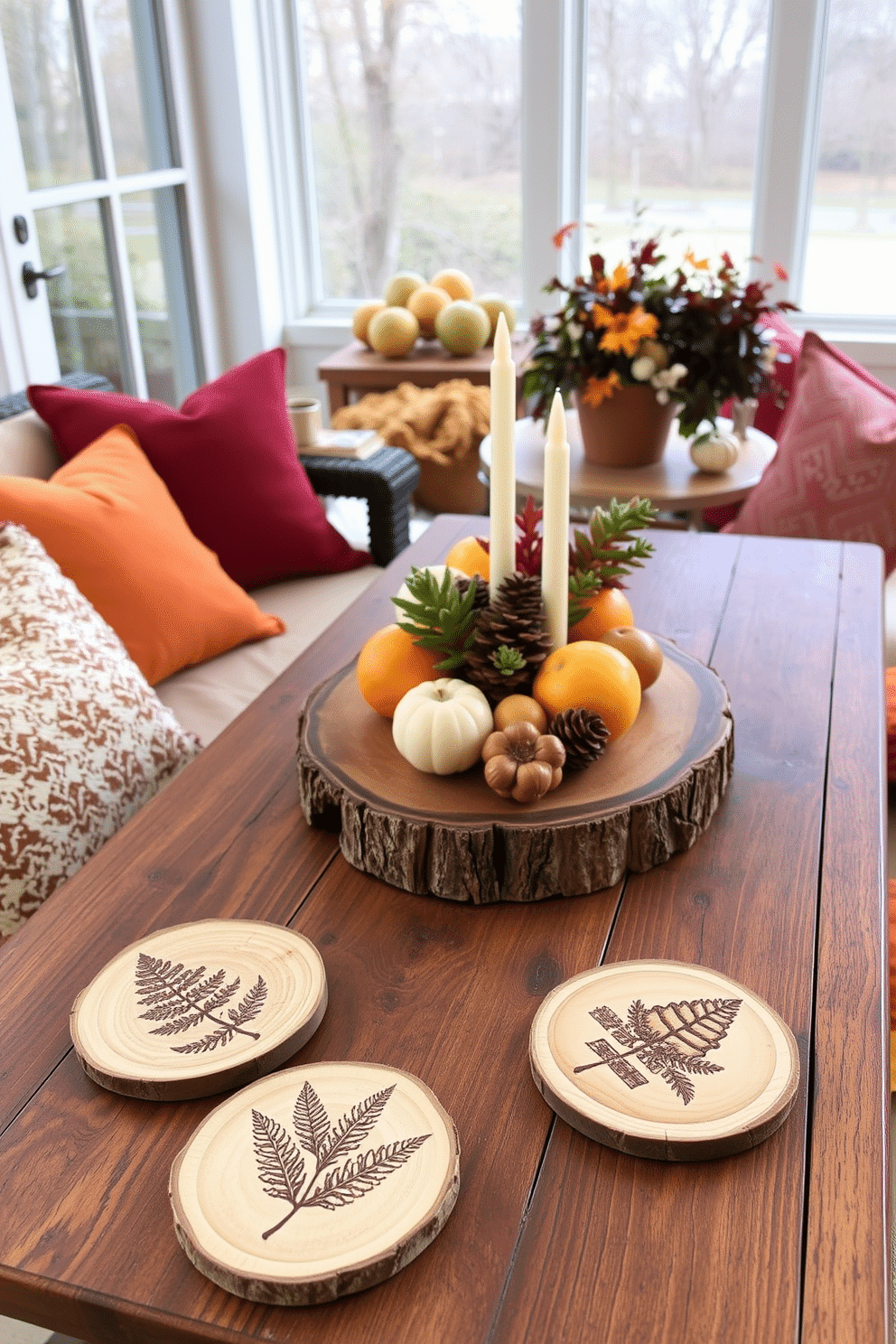 Nature themed coasters for drinks made from reclaimed wood featuring intricate leaf engravings. Each coaster showcases a different natural element such as ferns acorns and pinecones to celebrate the beauty of the outdoors. Thanksgiving sunroom decorated with warm autumn colors and cozy textiles. Plush cushions in burnt orange and deep burgundy adorn the seating while a rustic wooden table displays a centerpiece of seasonal fruits and candles.