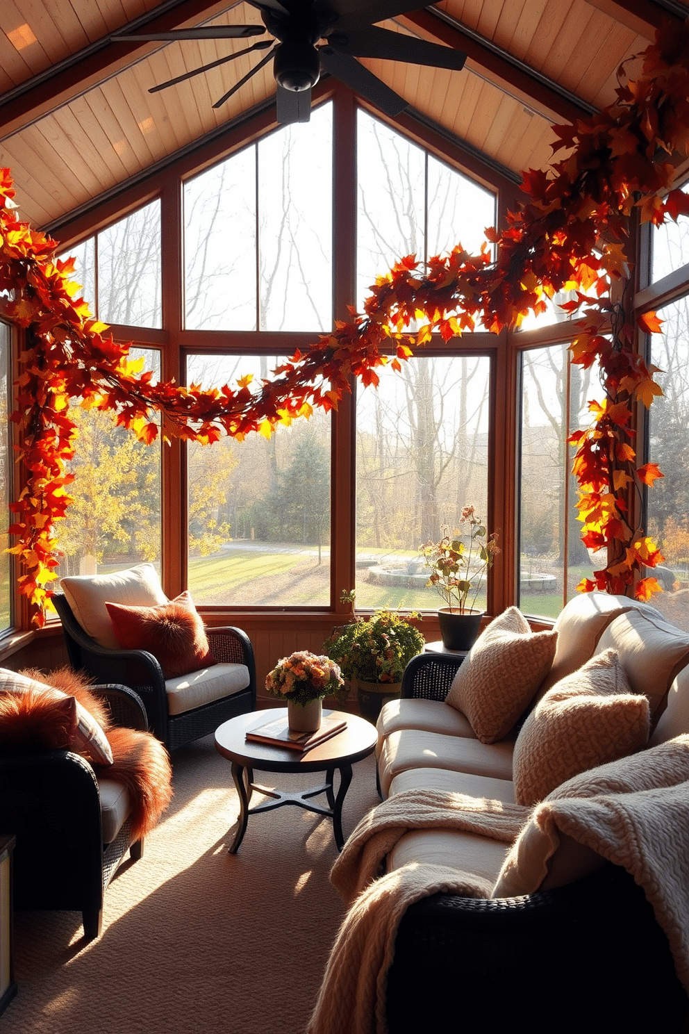 A sunroom adorned with autumn leaves garland draped elegantly around large windows. The warm sunlight filters through, casting a golden glow on cozy seating arrangements with plush cushions and soft throws.