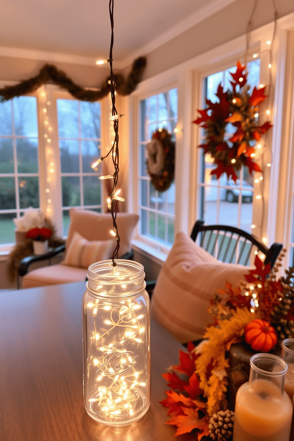 Charming fairy lights are elegantly arranged inside mason jars, casting a warm glow throughout the sunroom. The space is adorned with autumn-themed decorations, featuring cozy blankets and seasonal foliage to enhance the Thanksgiving atmosphere.