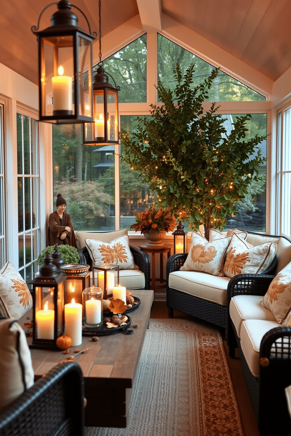 A cozy sunroom filled with warm candlelight emanating from decorative lanterns. The space features plush seating with autumn-themed cushions and a rustic wooden coffee table adorned with seasonal decorations.