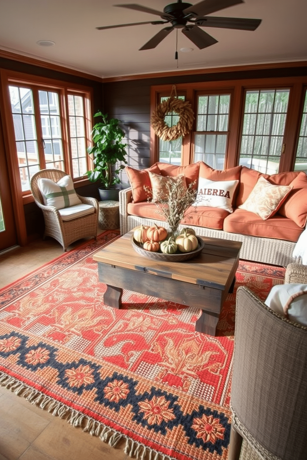 A cozy sunroom decorated for Thanksgiving features layered rugs that create a warm and inviting atmosphere. The base rug is a large, neutral-toned jute rug, topped with a colorful patterned area rug that brings in autumn hues of orange and gold. Plush cushions in rich fabrics are arranged on a comfortable seating area, inviting relaxation. A rustic wooden coffee table holds a centerpiece of seasonal decorations, including small pumpkins and a bouquet of dried flowers.