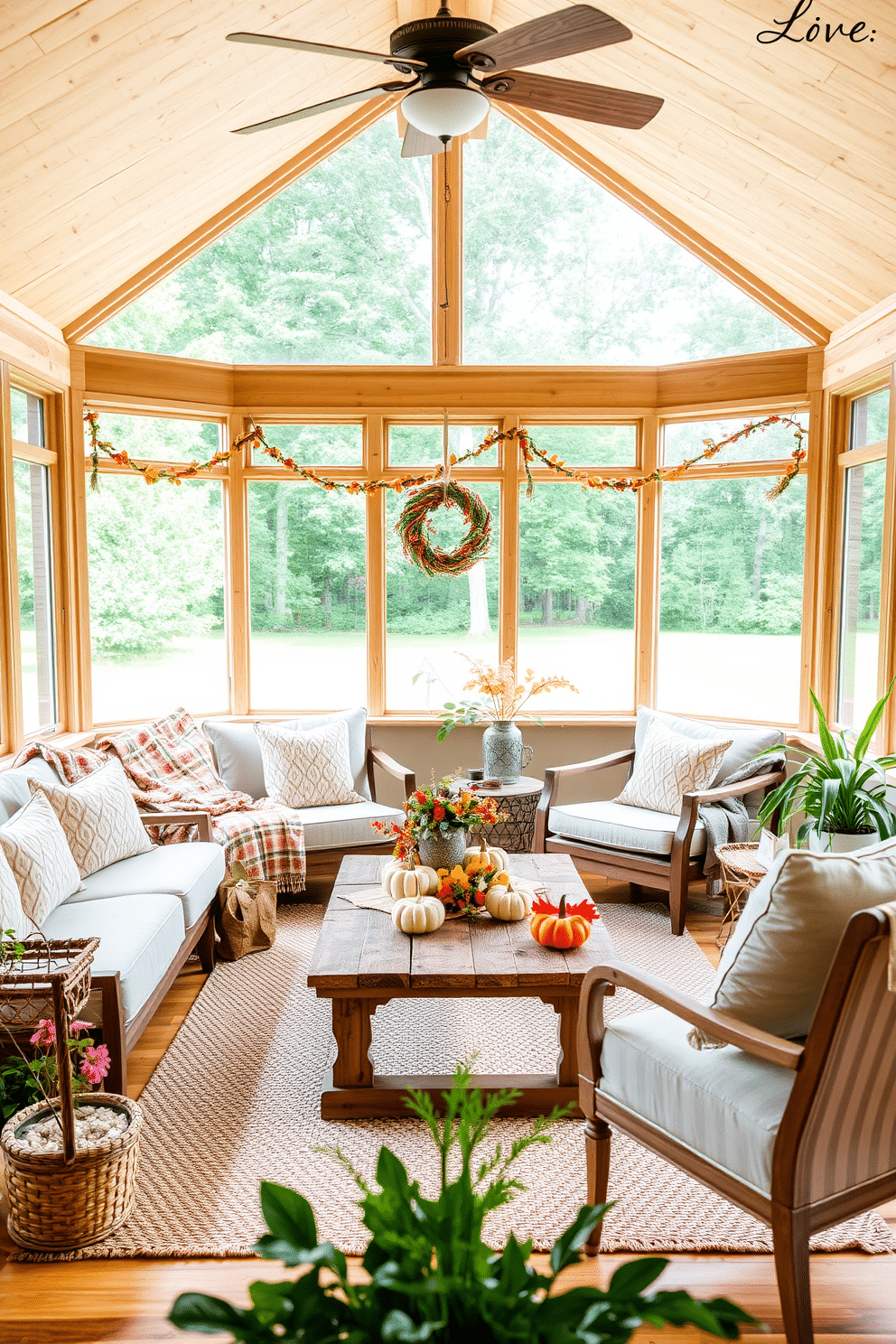 A cozy sunroom filled with natural light and adorned with natural wood accents. Comfortable seating is arranged around a rustic wooden coffee table, surrounded by large windows that invite the outdoors in. Soft, earthy tones dominate the decor, complemented by seasonal Thanksgiving decorations like pumpkins and autumn leaves. A woven rug adds warmth to the wooden floor, while potted plants bring life and freshness to the space.