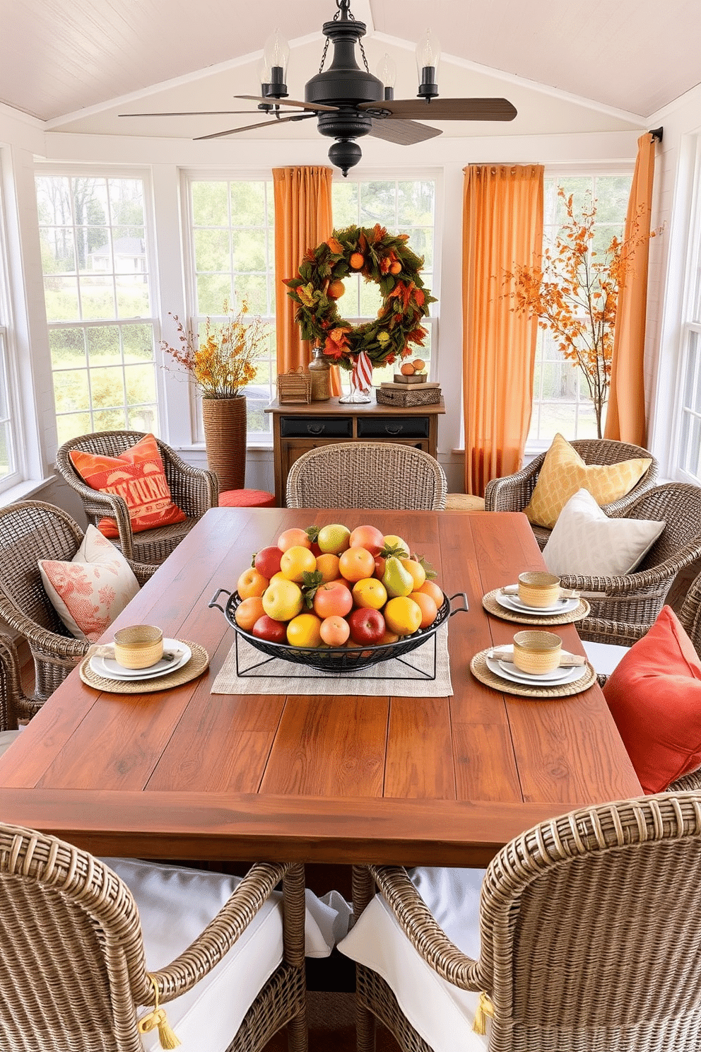 A cozy sunroom adorned for Thanksgiving features a large wooden table at its center, beautifully set with a vibrant seasonal fruit bowl overflowing with apples, pears, and citrus fruits. Surrounding the table, comfortable wicker chairs invite relaxation, while warm autumnal hues of orange and gold decorate the space, complemented by soft throw pillows and a gentle breeze flowing through sheer curtains.