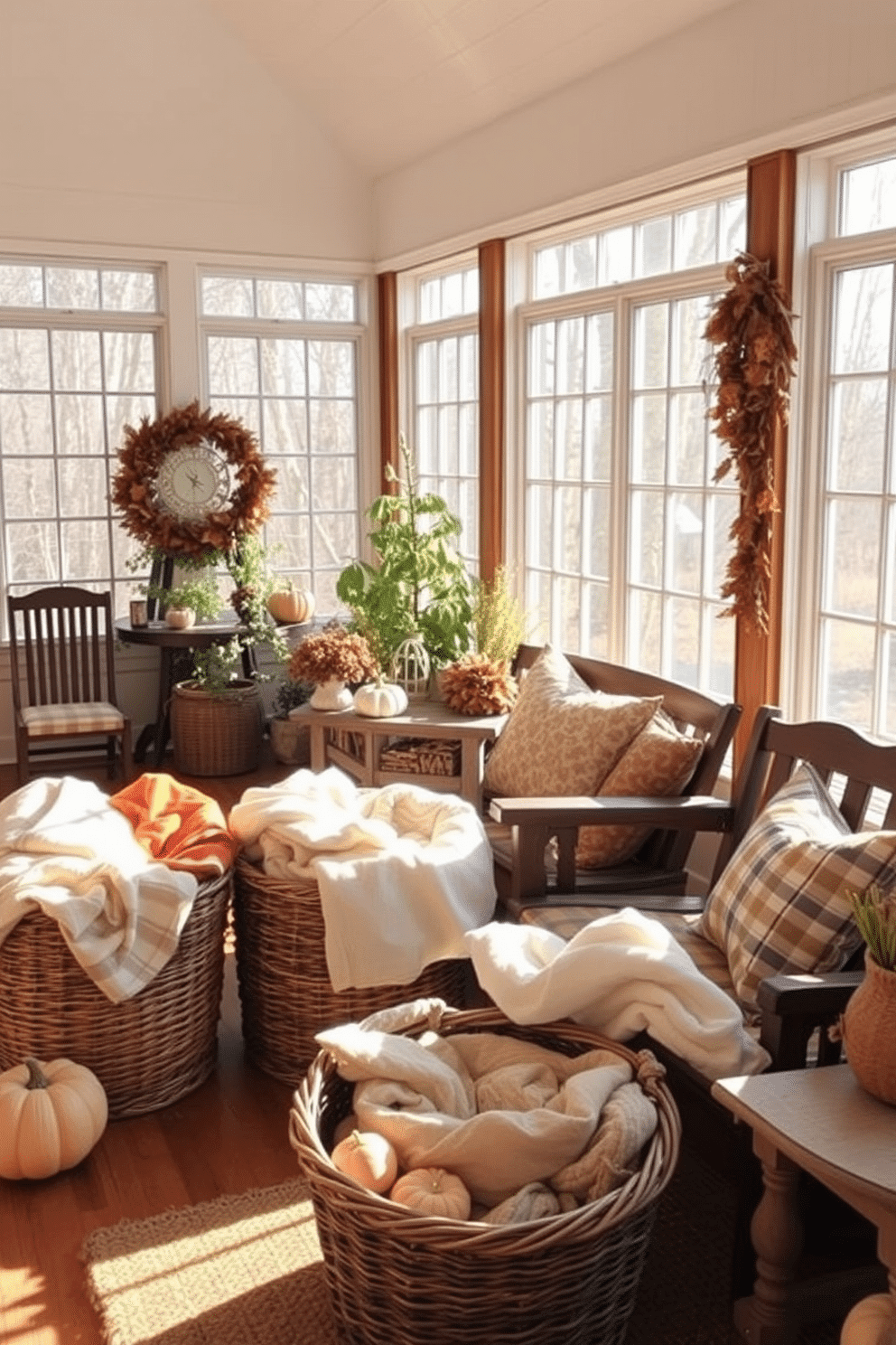 A cozy sunroom adorned for Thanksgiving features woven baskets filled with soft, colorful blankets. The sunlight filters through large windows, casting a warm glow on the rustic wooden furniture and autumn-themed decor.