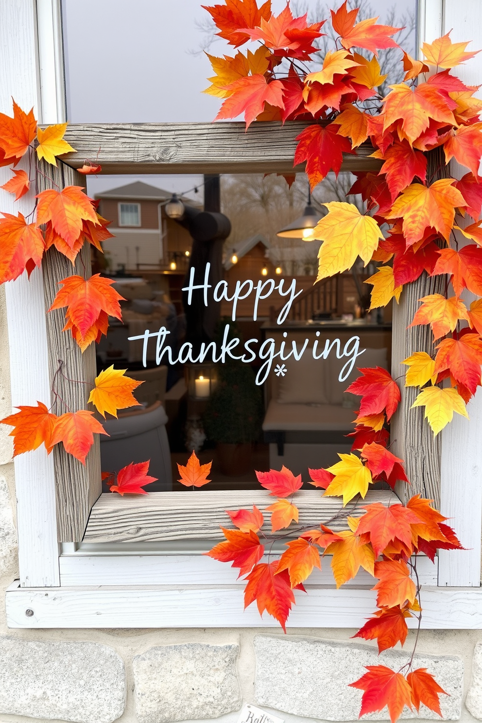 A cozy window display featuring autumn leaves in vibrant shades of orange, red, and yellow. The leaves are artfully arranged around a rustic wooden frame, creating a warm and inviting atmosphere for Thanksgiving.