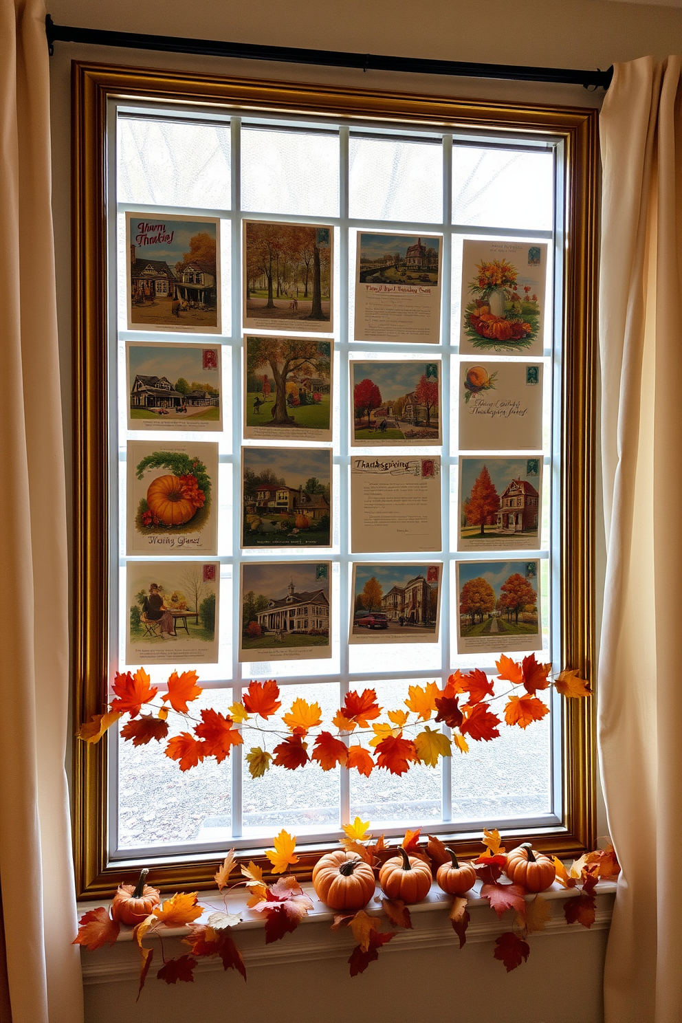 A collection of vintage Thanksgiving postcards is displayed in elegant frames on the wall, each postcard showcasing classic autumn scenes and warm holiday greetings. The postcards are arranged in a grid pattern, creating a nostalgic focal point that invites conversation and warmth to the space. The window is adorned with soft, sheer curtains that gently filter the light, enhancing the cozy atmosphere. A garland of autumn leaves and miniature pumpkins is draped across the window sill, adding a festive touch that celebrates the spirit of Thanksgiving.