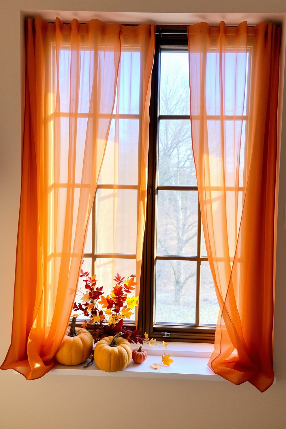 A cozy window adorned with layered sheer curtains allowing soft light to filter in. The curtains are in warm autumn hues, complementing a festive Thanksgiving display featuring pumpkins and fall leaves on the windowsill.