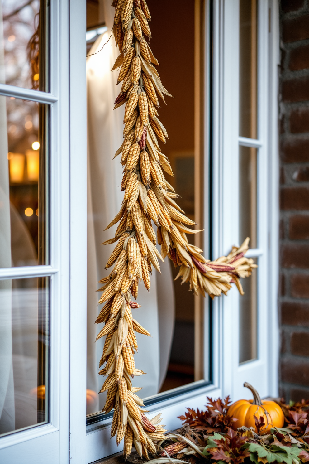 A beautiful window display for Thanksgiving featuring a seasonal garland made of dried corn. The garland drapes elegantly across the window frame, complemented by soft, warm lighting that enhances the autumnal theme.