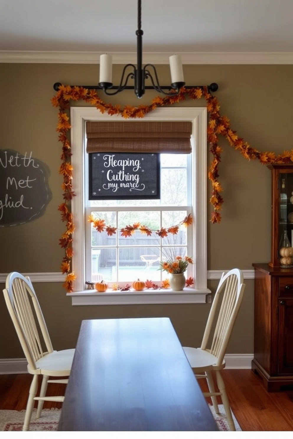 A cozy dining room adorned with chalkboard paint on one wall, perfect for writing festive messages during Thanksgiving. The window is decorated with autumn-themed garlands, featuring leaves and small pumpkins to create a warm and inviting atmosphere.