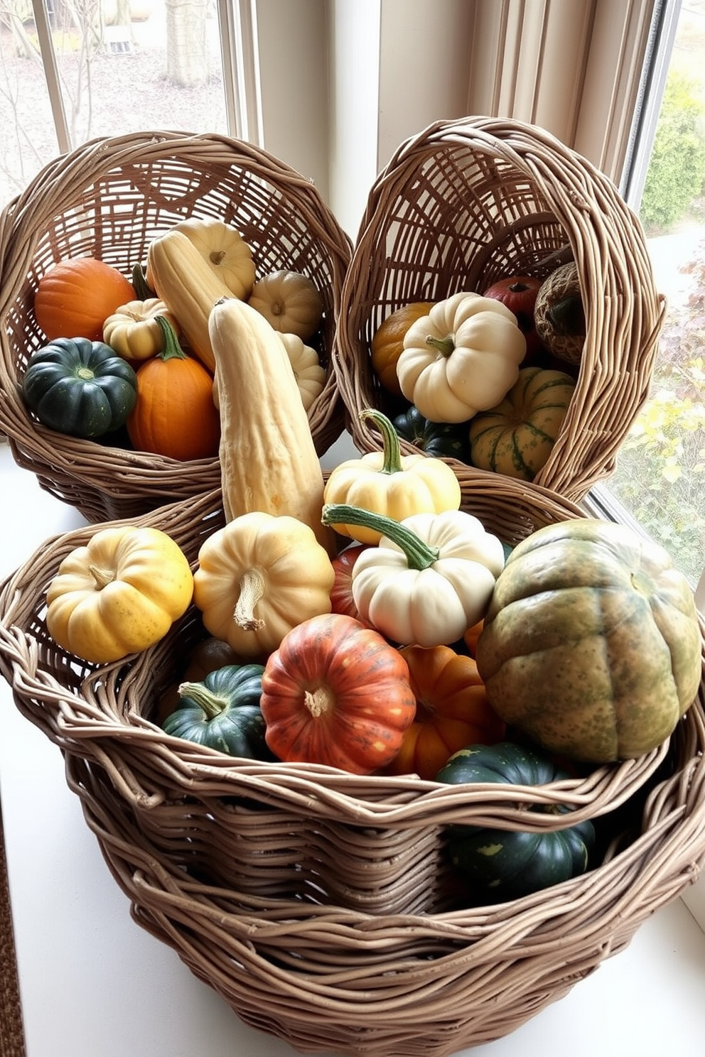 Natural fiber baskets filled with an assortment of colorful gourds create a warm and inviting Thanksgiving display. The baskets are arranged on a windowsill, allowing natural light to highlight the textures and colors of the gourds.