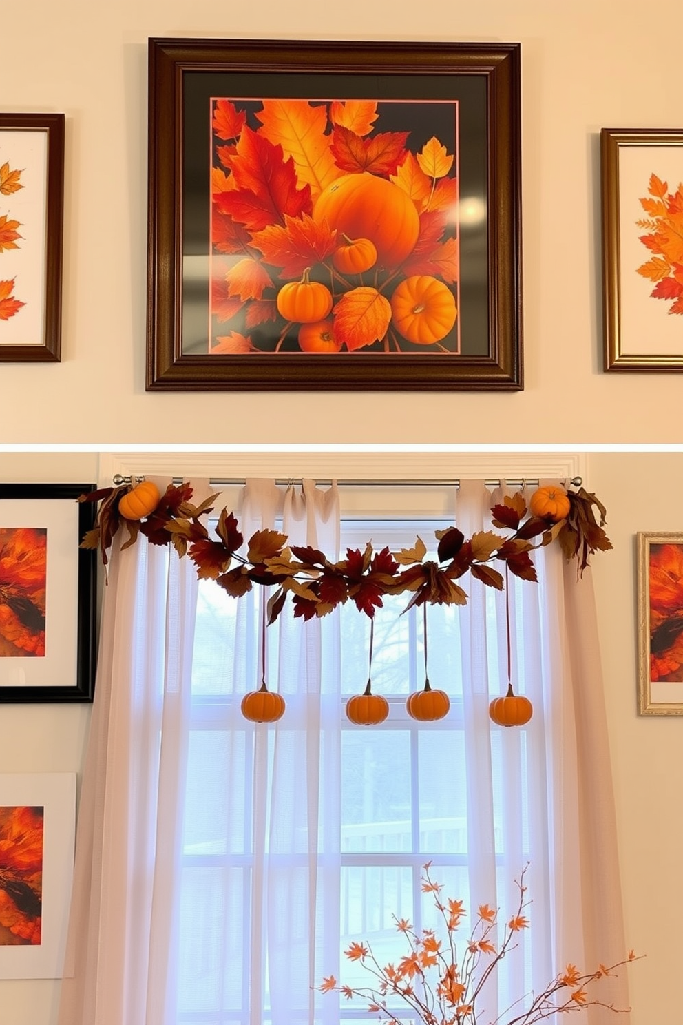 Autumn-themed art prints in frames adorn the walls, showcasing vibrant colors of orange, red, and gold. Each print is carefully selected to reflect the beauty of the season, creating a warm and inviting atmosphere. Thanksgiving window decorating ideas include hanging garlands of dried leaves and small pumpkins. Soft, sheer curtains let in natural light while complementing the festive decor, enhancing the cozy feel of the space.