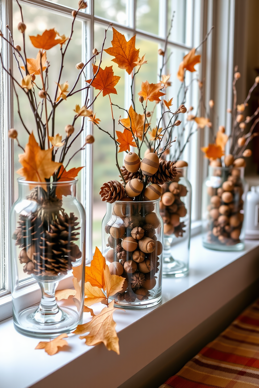 A cozy Thanksgiving window display featuring glass vases filled with pinecones and acorns. The vases are arranged on a windowsill adorned with soft autumn leaves and a warm plaid fabric runner.