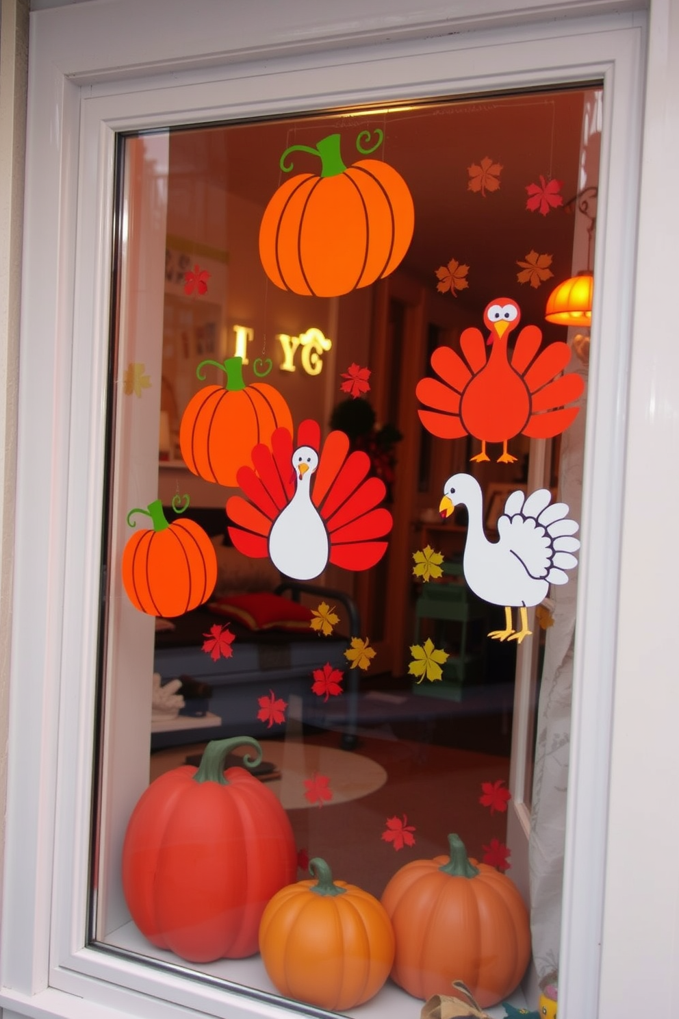 A cozy Thanksgiving window display featuring pumpkin and turkey clings. The warm autumn colors of the clings create a festive atmosphere, enhancing the charm of the season.