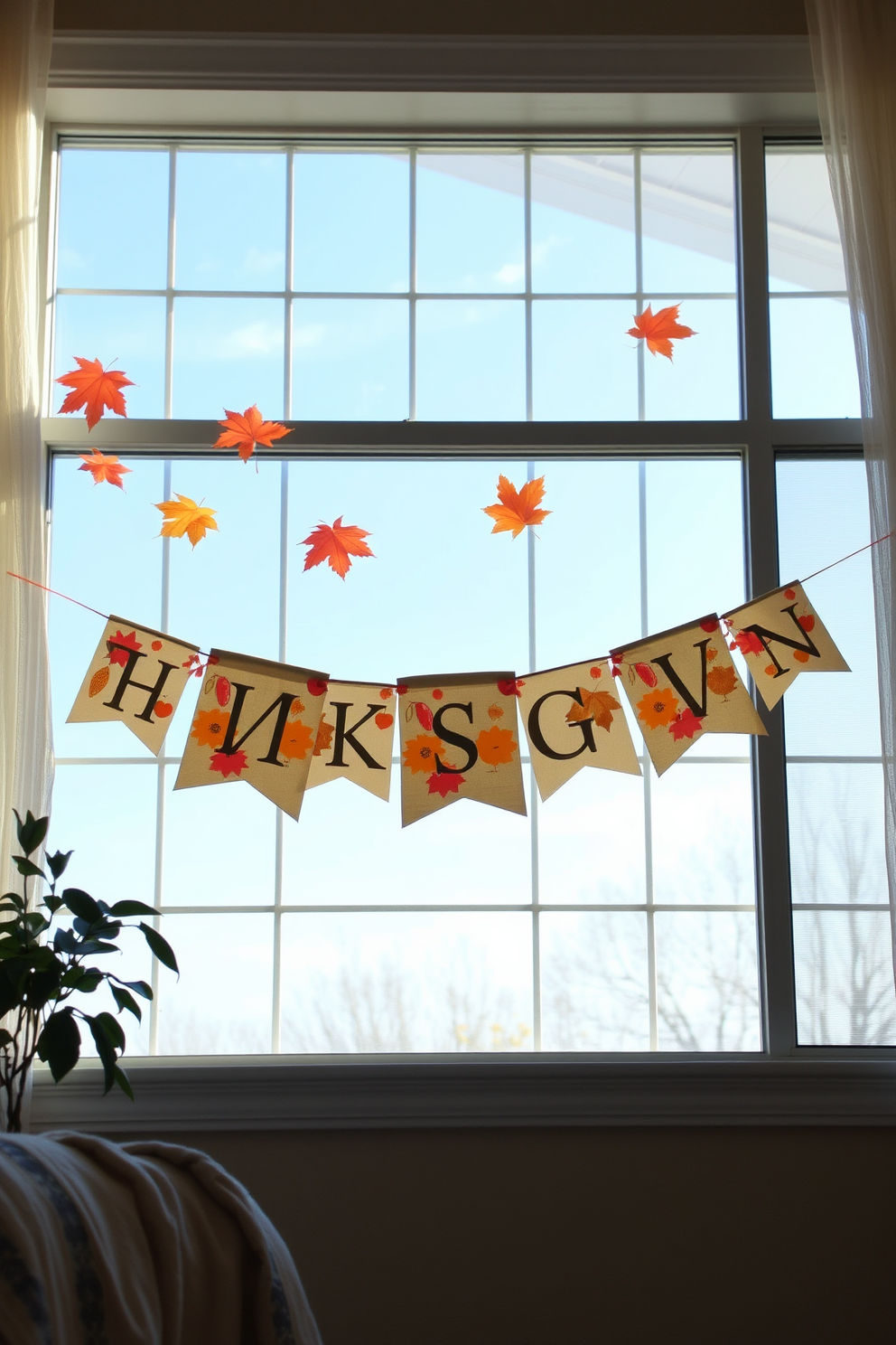 Thanksgiving themed fabric banners hang gracefully across the window, adorned with autumn leaves and warm hues of orange and gold. The soft fabric gently sways with the breeze, adding a festive touch to the cozy room.