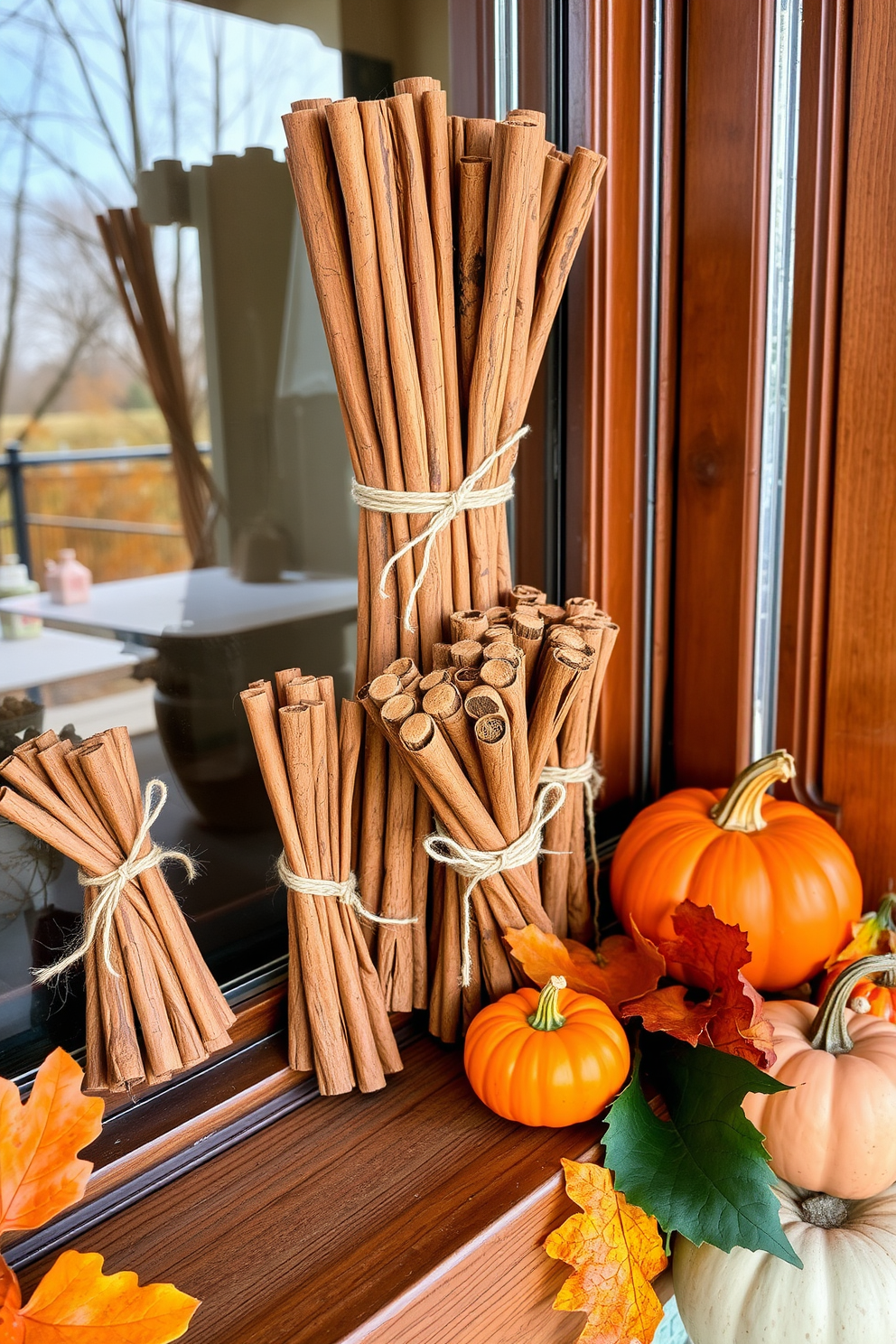 A cozy Thanksgiving window display featuring bundles of cinnamon sticks tied with twine. The bundles are arranged artfully on a wooden ledge, complemented by small pumpkins and autumn leaves.