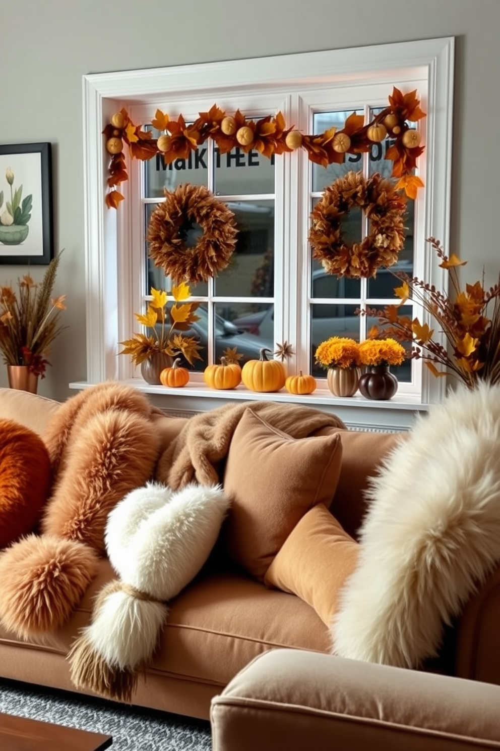 A cozy living room adorned with faux fur throws draped over a plush sofa. The warm colors of the cushions complement the soft textures, creating an inviting atmosphere. A beautifully decorated window displays autumn-themed accents for Thanksgiving. Golden leaves and small pumpkins are arranged on the sill, enhancing the seasonal charm.