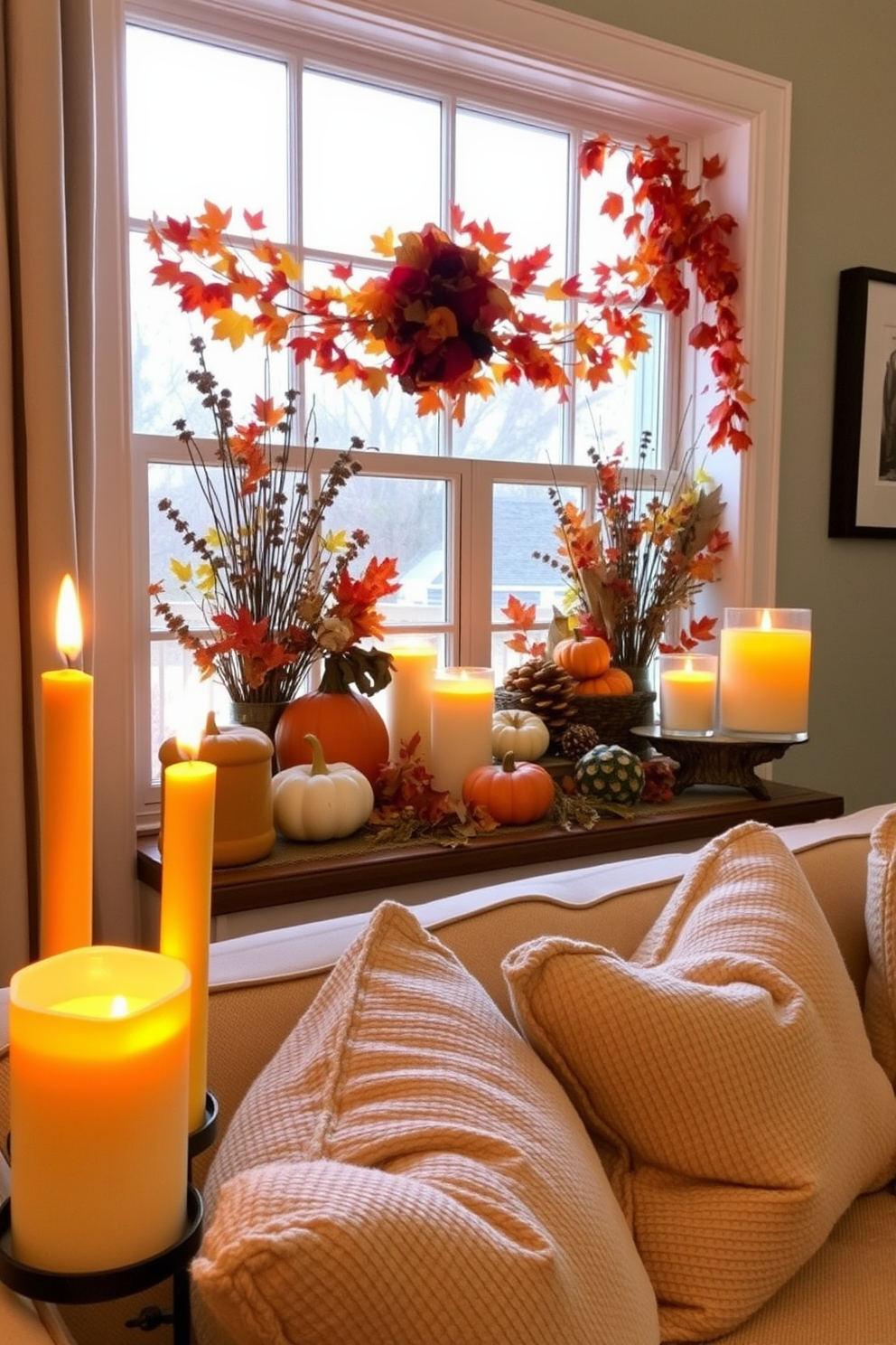 A cozy living room adorned with seasonal scents from beautifully arranged scented candles. The warm glow of the candles complements the rich autumnal colors of the Thanksgiving decorations in the window. The window features a charming display of pumpkins, gourds, and colorful leaves, creating a festive atmosphere. Soft, textured throw pillows in earthy tones add comfort to the seating area, inviting relaxation and celebration.