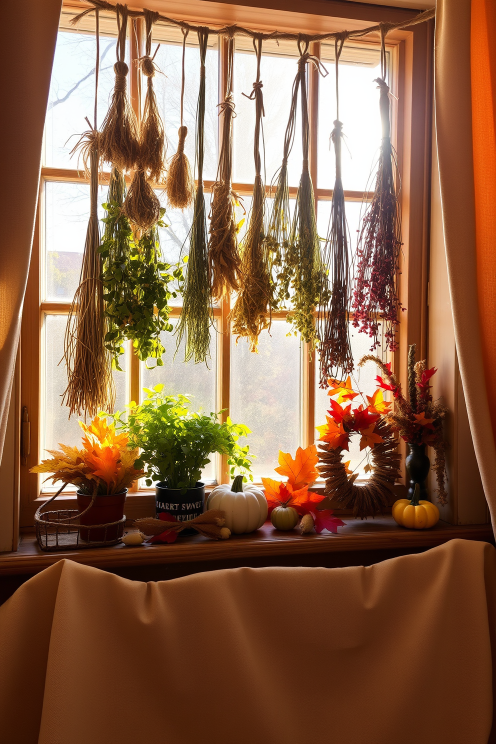 A charming window display featuring an assortment of dried herbs hanging from twine. The warm sunlight filters through the glass, casting gentle shadows on the wooden sill adorned with seasonal decorations. Colorful autumn leaves and small pumpkins are strategically placed to enhance the rustic ambiance. Soft, natural fabrics in earth tones frame the window, inviting a cozy Thanksgiving atmosphere.