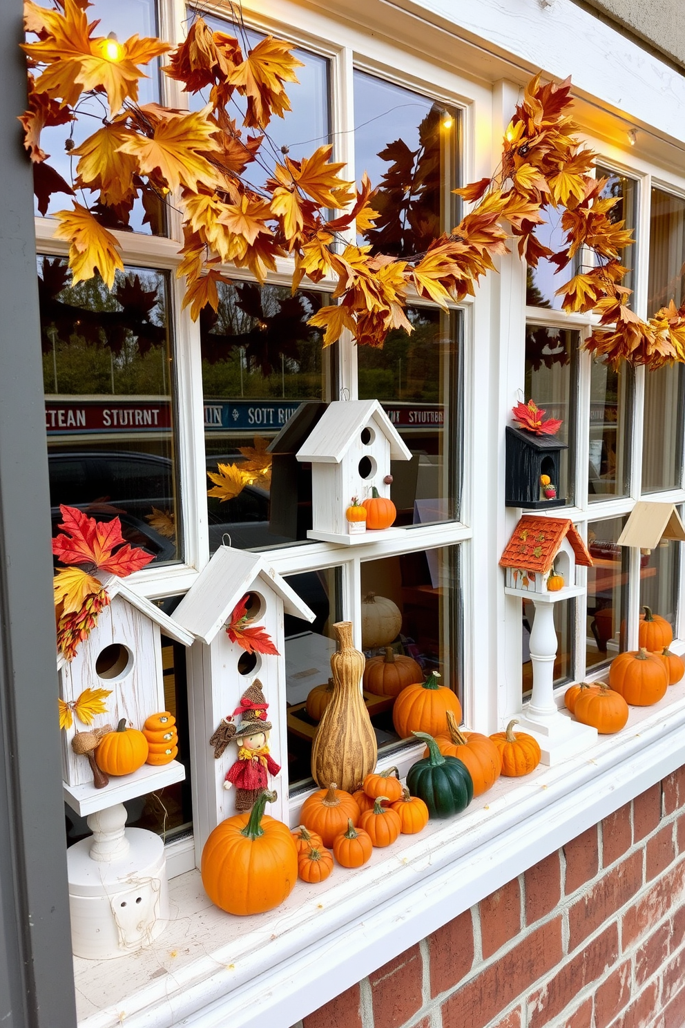 A charming display of birdhouses adorned with colorful autumn leaves and pumpkins. Each birdhouse features unique fall-themed decorations, such as miniature scarecrows and acorns, creating a festive atmosphere. The window is beautifully decorated with garlands of dried corn and twinkling fairy lights. A collection of small pumpkins and gourds sits on the windowsill, enhancing the Thanksgiving spirit.