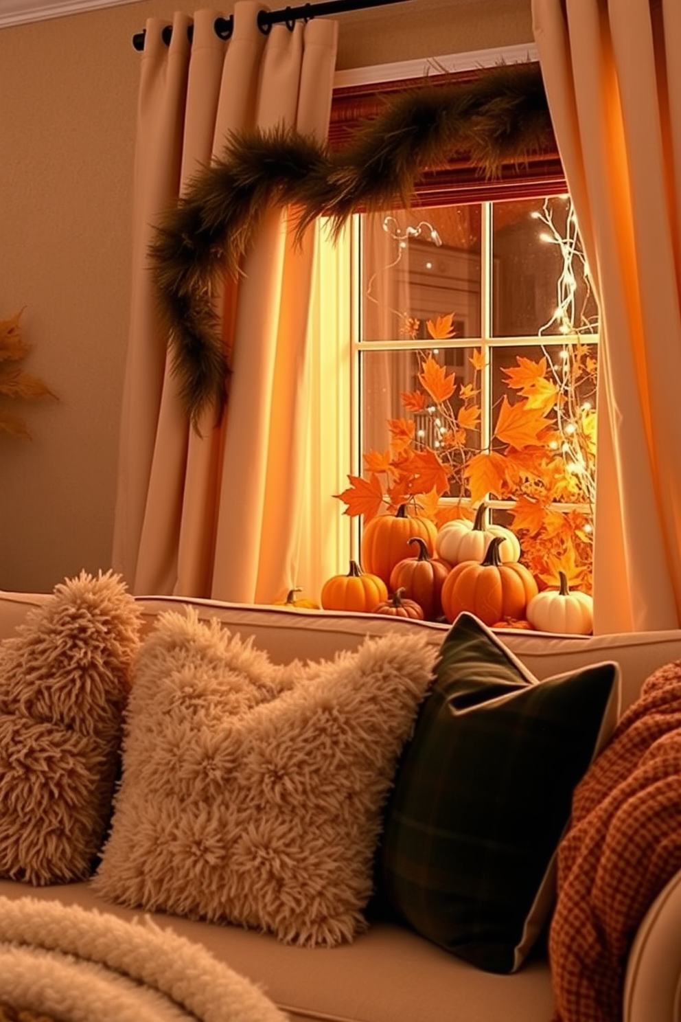 Layered textures create a cozy ambiance in a living room adorned with plush pillows and soft throws. The Thanksgiving window display features warm autumn colors, with pumpkins and gourds arranged alongside twinkling fairy lights.