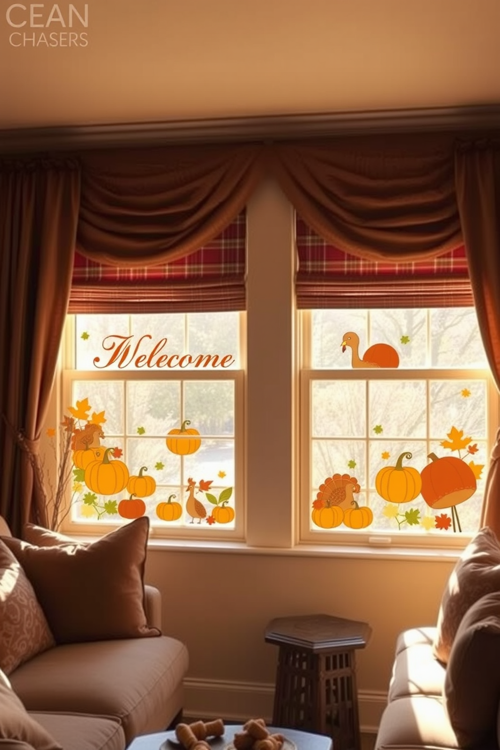 A cozy living room adorned with Thanksgiving-themed window decals. The decals feature autumn leaves, pumpkins, and turkeys, creating a festive atmosphere that welcomes guests. The windows are framed with warm, earthy-toned curtains that complement the seasonal decor. Soft golden light filters through, highlighting the rich colors of the decorations and enhancing the inviting ambiance.