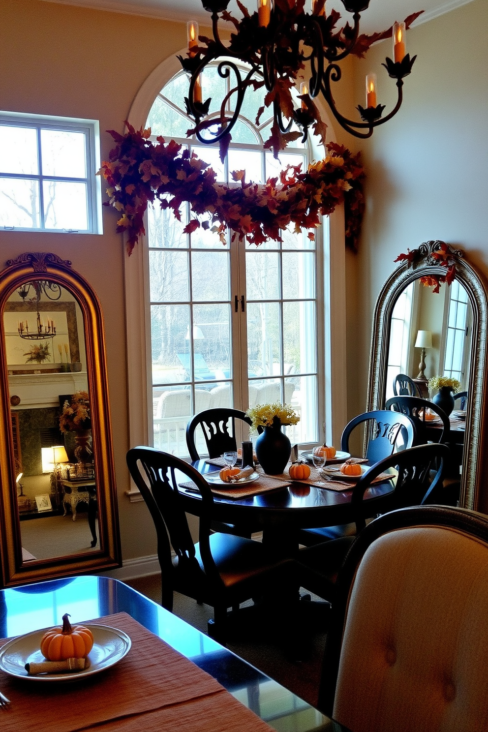 A cozy dining room adorned for Thanksgiving. The large window is decorated with a garland of autumn leaves and small pumpkins, creating a warm and inviting atmosphere. Mirrors are strategically placed to reflect the festive decor and enhance the natural light. The reflections create a sense of depth and make the space feel larger and more vibrant.