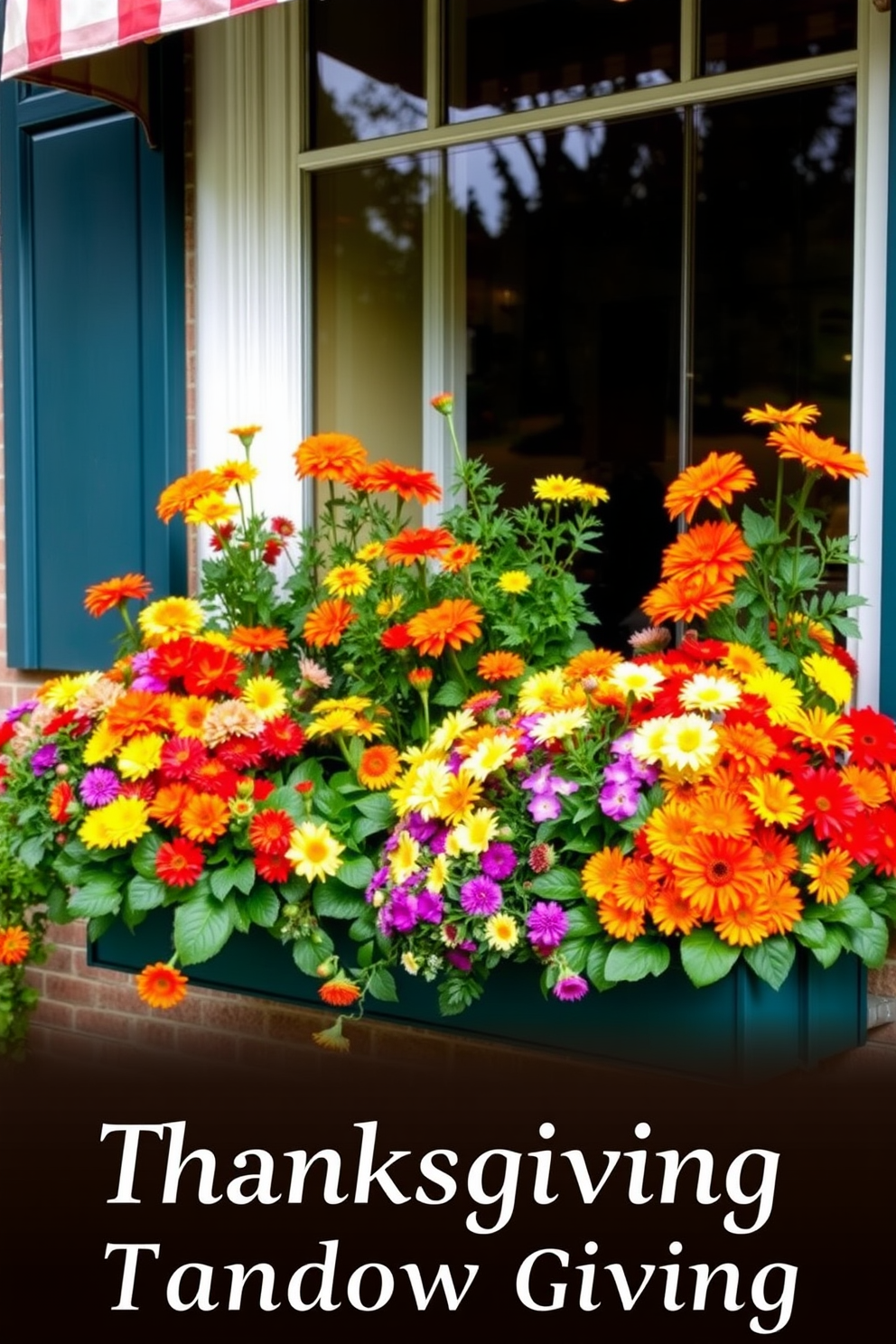 Colorful fall flowers in vibrant window boxes create a warm and inviting atmosphere for Thanksgiving. The boxes are filled with rich hues of orange, red, and yellow blooms, complemented by lush green foliage.