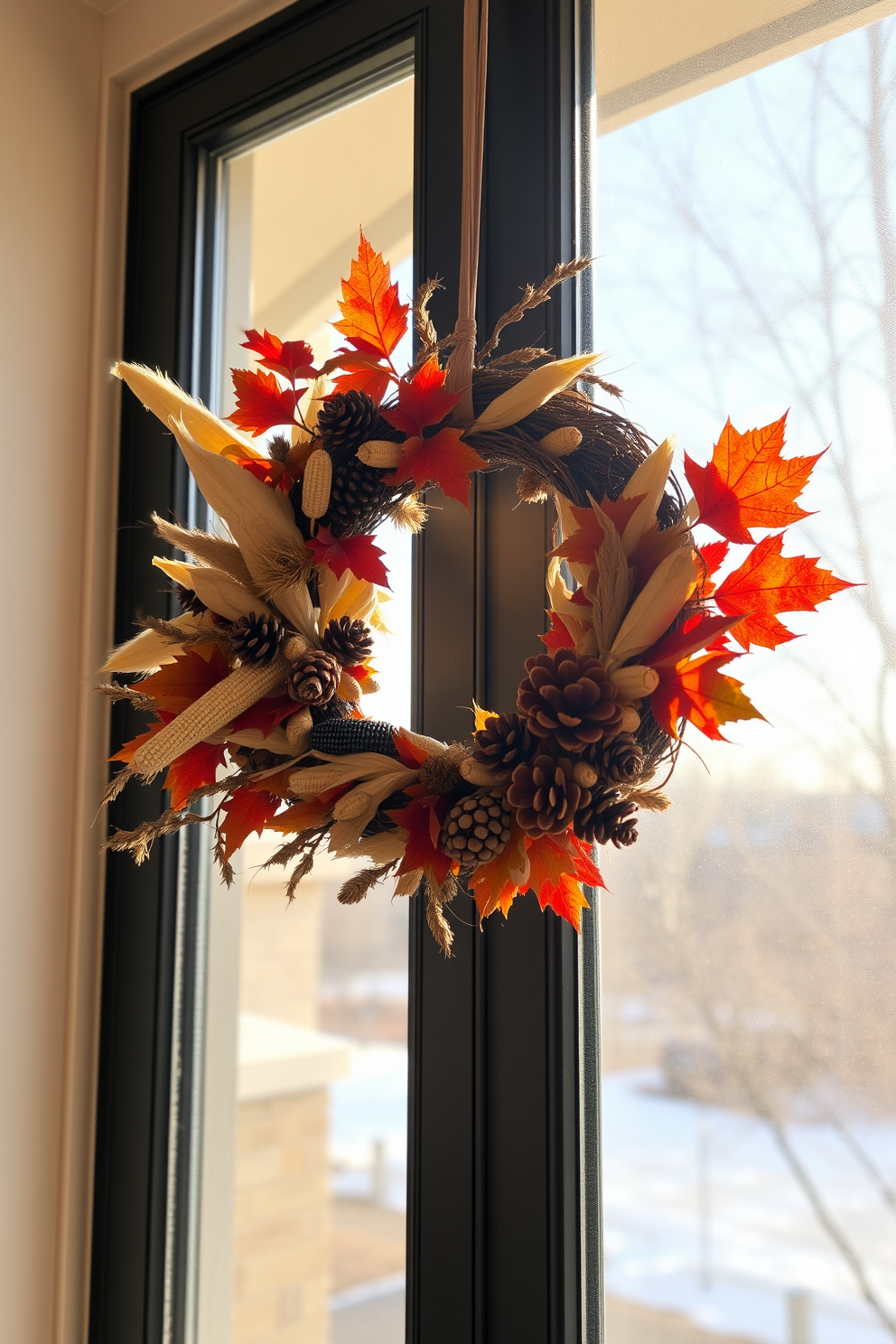 A beautifully arranged harvest wreath hangs on the window, featuring an array of natural elements such as dried corn, pinecones, and colorful autumn leaves. The warm tones of the wreath complement the soft glow of the sunlight streaming through the glass, creating a cozy and inviting atmosphere for Thanksgiving.