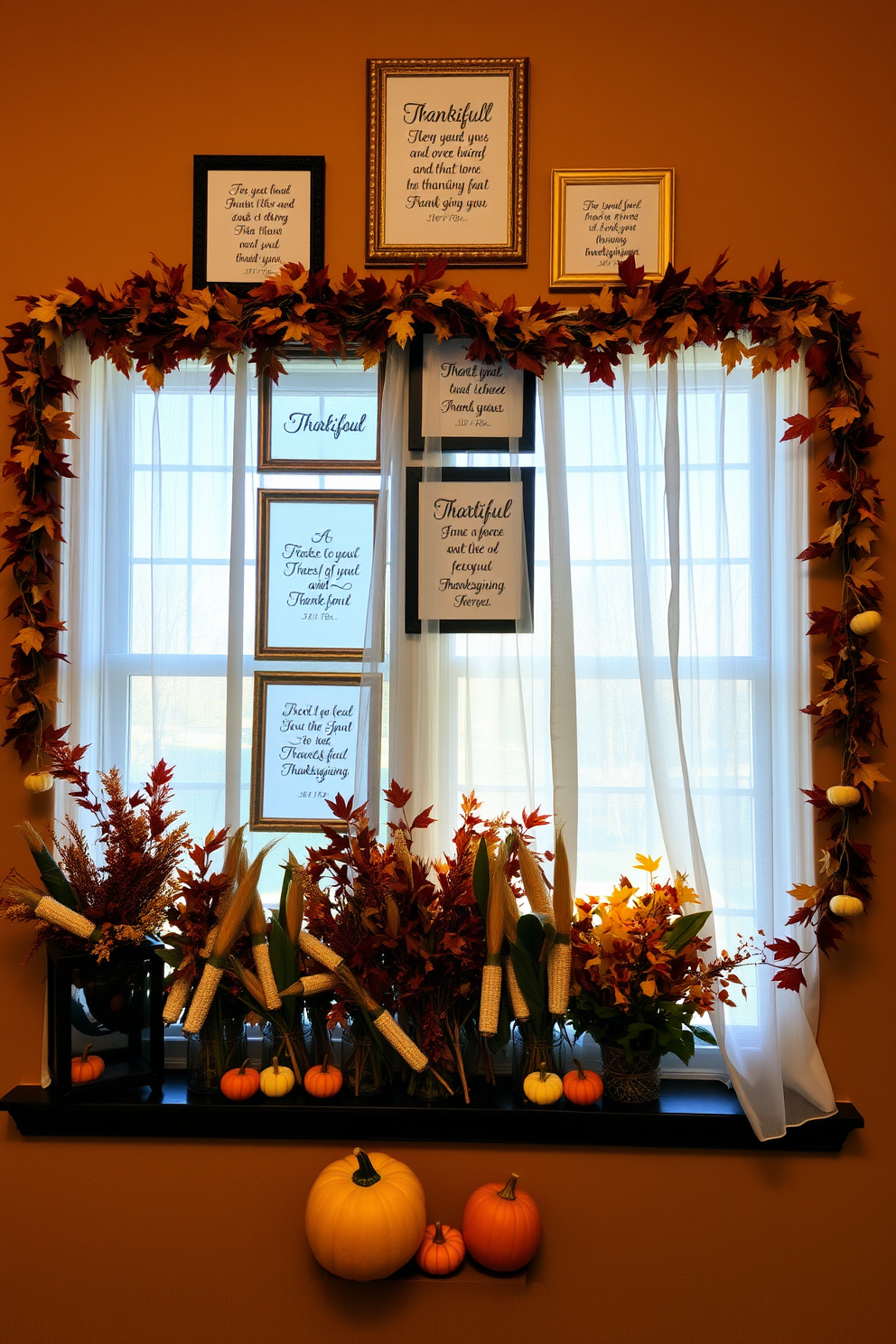 A cozy Thanksgiving setting featuring quotes about gratitude displayed in decorative frames. The frames are arranged in a visually pleasing collage on a warm-toned wall, surrounded by autumn leaves and small pumpkins. A beautifully decorated window showcasing Thanksgiving themes. The window is adorned with garlands of dried corn and colorful fall foliage, complemented by sheer curtains that let in soft natural light.