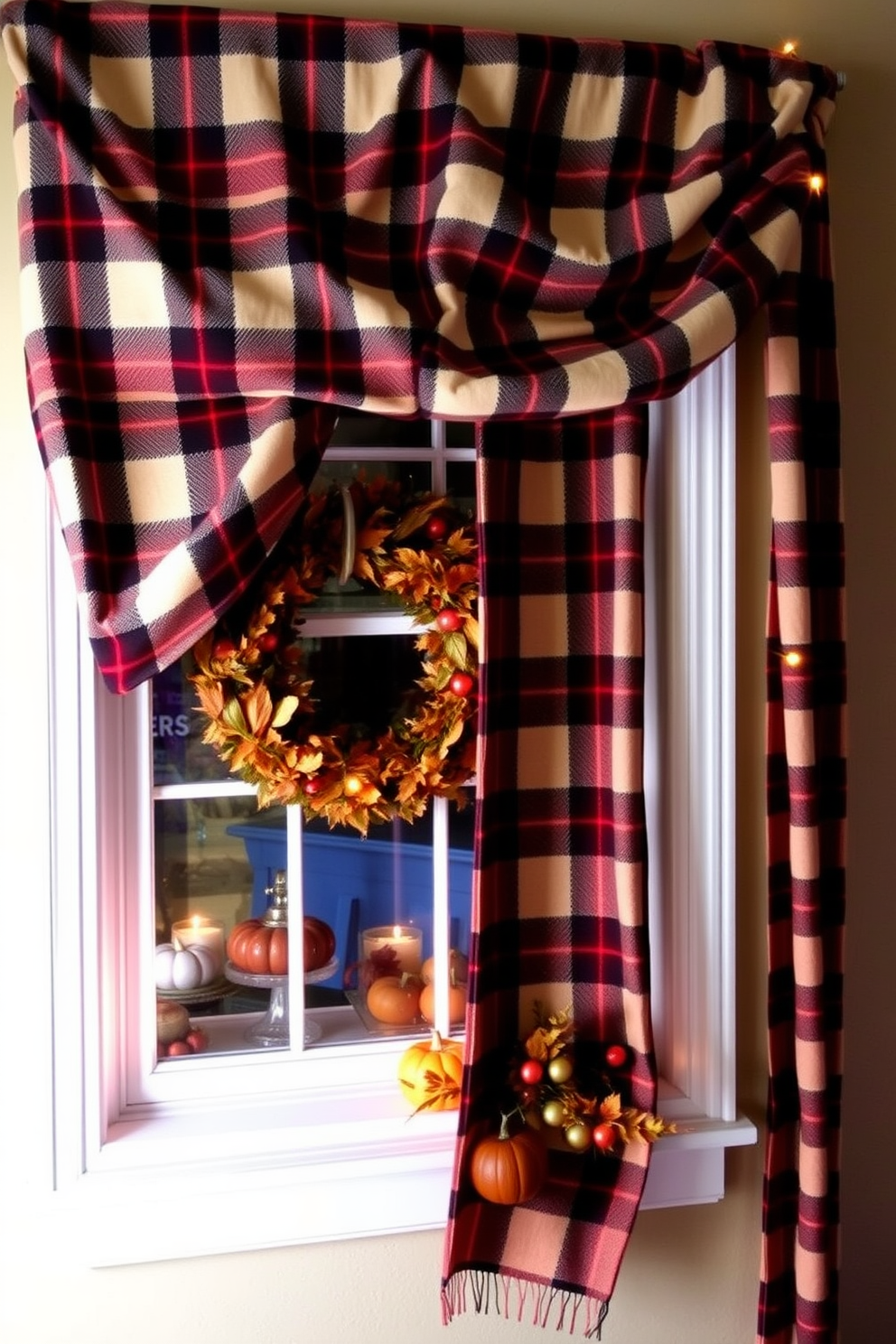 Cozy plaid fabric draped over windows creates a warm and inviting atmosphere in your home. The rich colors of the plaid complement the autumn season, enhancing your Thanksgiving decor. Add decorative elements like small pumpkins and seasonal foliage on the windowsill to complete the look. Soft lighting from candles or fairy lights can further enhance the cozy feel of your Thanksgiving window display.