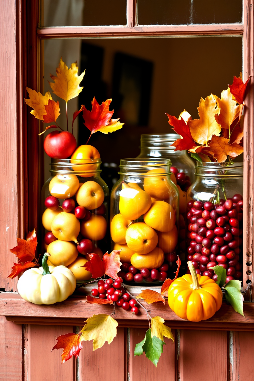 A cozy Thanksgiving window display featuring glass jars filled with seasonal fruits such as apples, pears, and cranberries. The jars are arranged on a wooden windowsill, complemented by autumn leaves and small pumpkins for a festive touch.