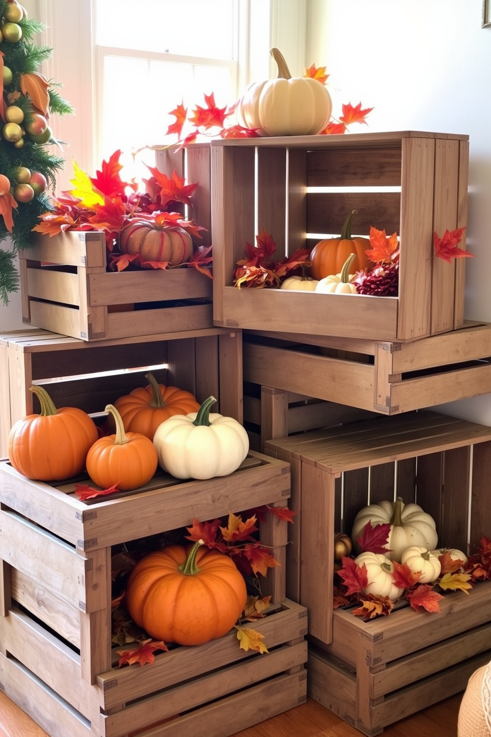 Rustic wooden crates are stacked in a cozy corner, filled with vibrant fall decor including pumpkins, gourds, and colorful leaves. Soft, warm lighting filters through the window, illuminating the natural textures and creating a welcoming atmosphere for Thanksgiving.