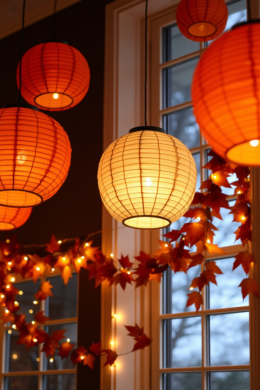 Hanging paper lanterns in warm colors create a cozy and inviting atmosphere for Thanksgiving. The lanterns are suspended at varying heights, casting a soft glow that enhances the festive spirit. Decorate the windows with garlands of autumn leaves and twinkling fairy lights. The combination of natural elements and warm lighting brings a touch of seasonal charm to your home.