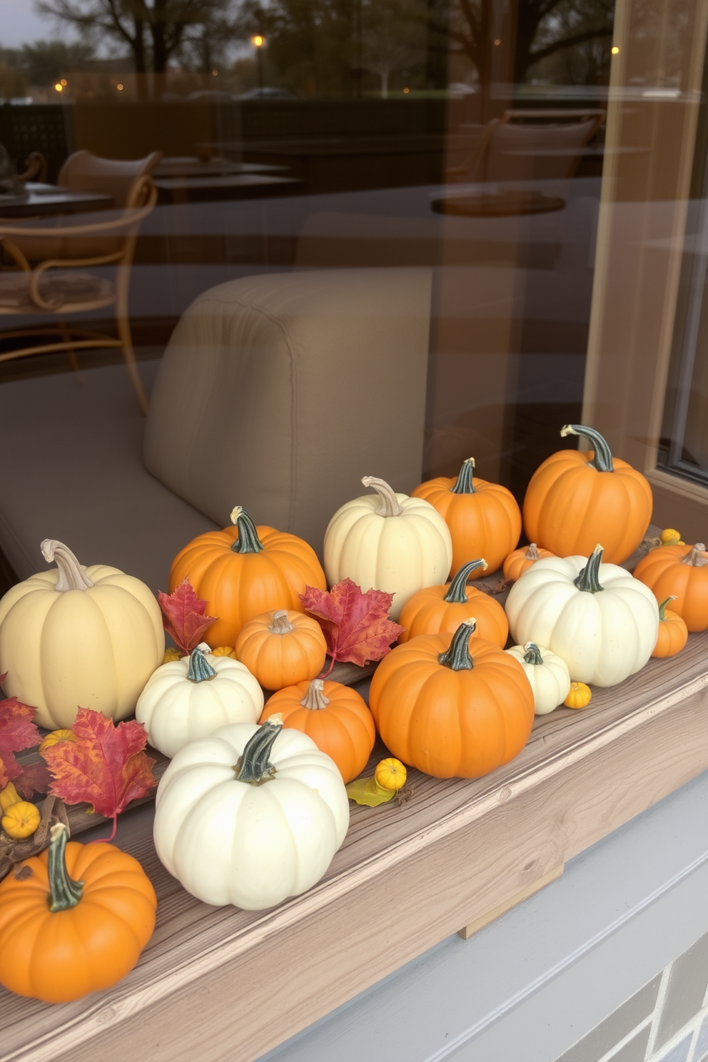 A charming window display featuring miniature pumpkins of various sizes arranged neatly on wooden ledges. The pumpkins are accompanied by autumn leaves and small gourds to enhance the festive Thanksgiving atmosphere.