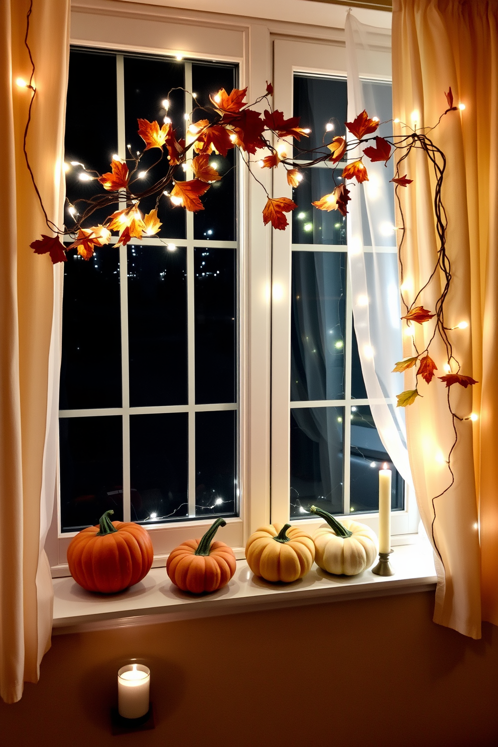 A cozy window display adorned with twinkling fairy lights casting a warm glow throughout the space. The window is framed with soft, autumn-colored curtains, and a collection of pumpkins and gourds are arranged on the sill. String lights are intertwined with seasonal foliage, creating a festive atmosphere for Thanksgiving. A few decorative candles are placed on the sill, enhancing the inviting ambiance of the display.