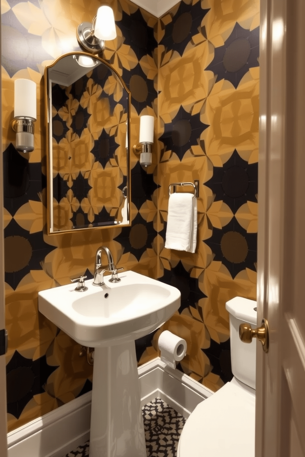 A tiny powder room featuring bold wallpaper with geometric patterns that create a striking visual impact. The space is enhanced by a sleek pedestal sink and a stylish mirror that reflects the vibrant design, making the room feel more spacious.