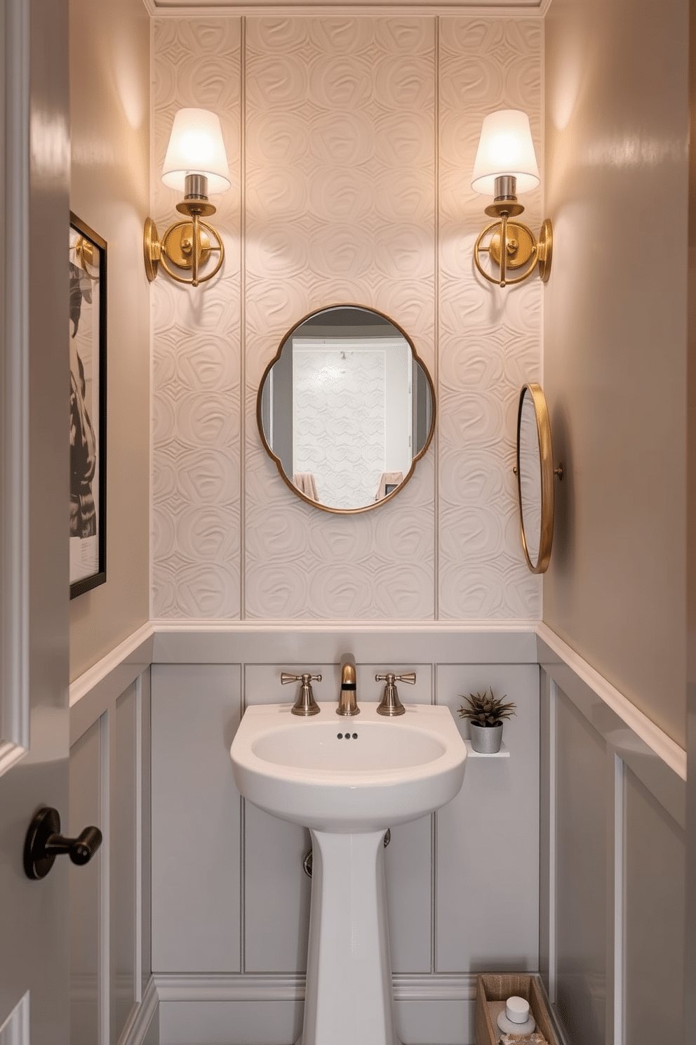 Textured wall panels create a stunning visual focal point in a tiny powder room, adding depth and character to the limited space. The panels are painted in a soft, muted tone, complemented by elegant lighting fixtures that enhance the room's ambiance. A compact pedestal sink with a sleek faucet maximizes floor space while providing functionality. Accents like a decorative mirror and a small potted plant add a touch of charm and warmth to this intimate setting.