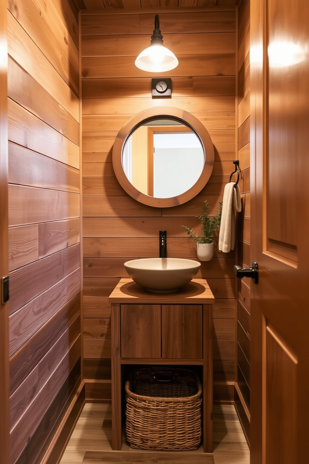 A cozy tiny powder room featuring natural wood elements that create a warm and inviting atmosphere. The walls are adorned with reclaimed wood paneling, and a compact wooden vanity with a vessel sink sits against one side. Above the vanity, a round mirror with a rustic wooden frame reflects the soft lighting from a stylish sconce. A small potted plant adds a touch of greenery, while a woven basket beneath the sink provides functional storage.