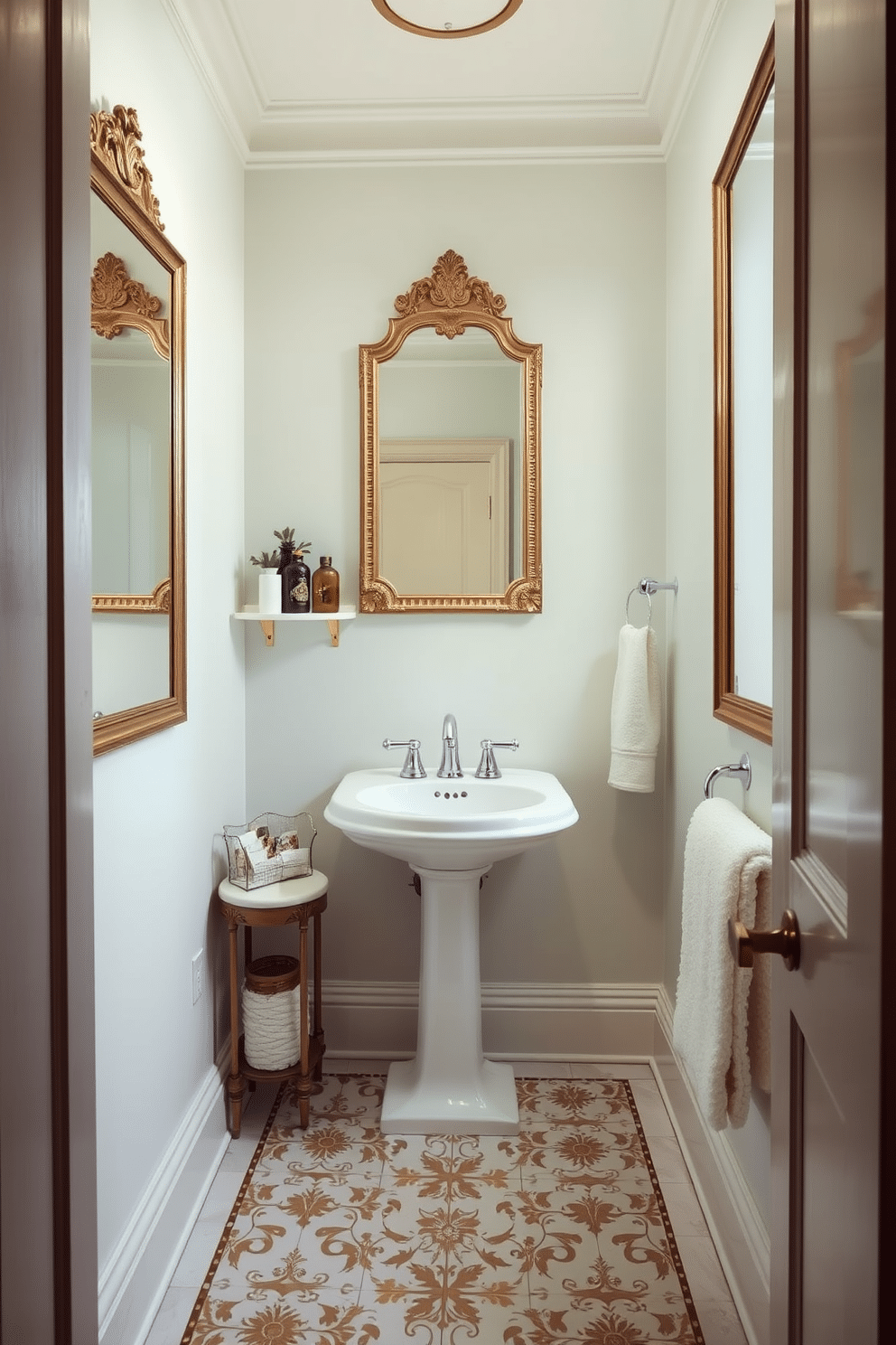 A charming tiny powder room featuring framed mirrors that reflect natural light, enhancing the sense of space. The walls are adorned with a soft pastel color, complemented by elegant fixtures and a stylish pedestal sink. The flooring showcases intricate tile patterns, adding a touch of sophistication. A small, decorative shelf holds curated accessories, while a plush towel hangs neatly, inviting guests to indulge in the cozy ambiance.