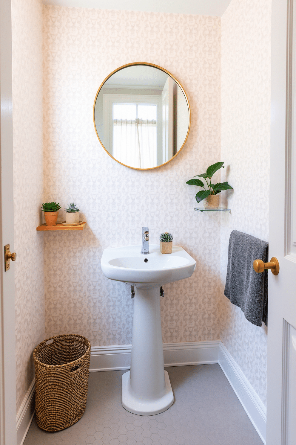 A charming tiny powder room featuring a sleek pedestal sink with a polished chrome faucet. The walls are adorned with a soft pastel wallpaper, and small potted plants are placed on floating shelves to add a touch of greenery. The floor is covered in elegant hexagonal tiles in a light gray hue, creating a modern yet cozy atmosphere. A round mirror with a brass frame hangs above the sink, reflecting the natural light from a small window adorned with sheer curtains.