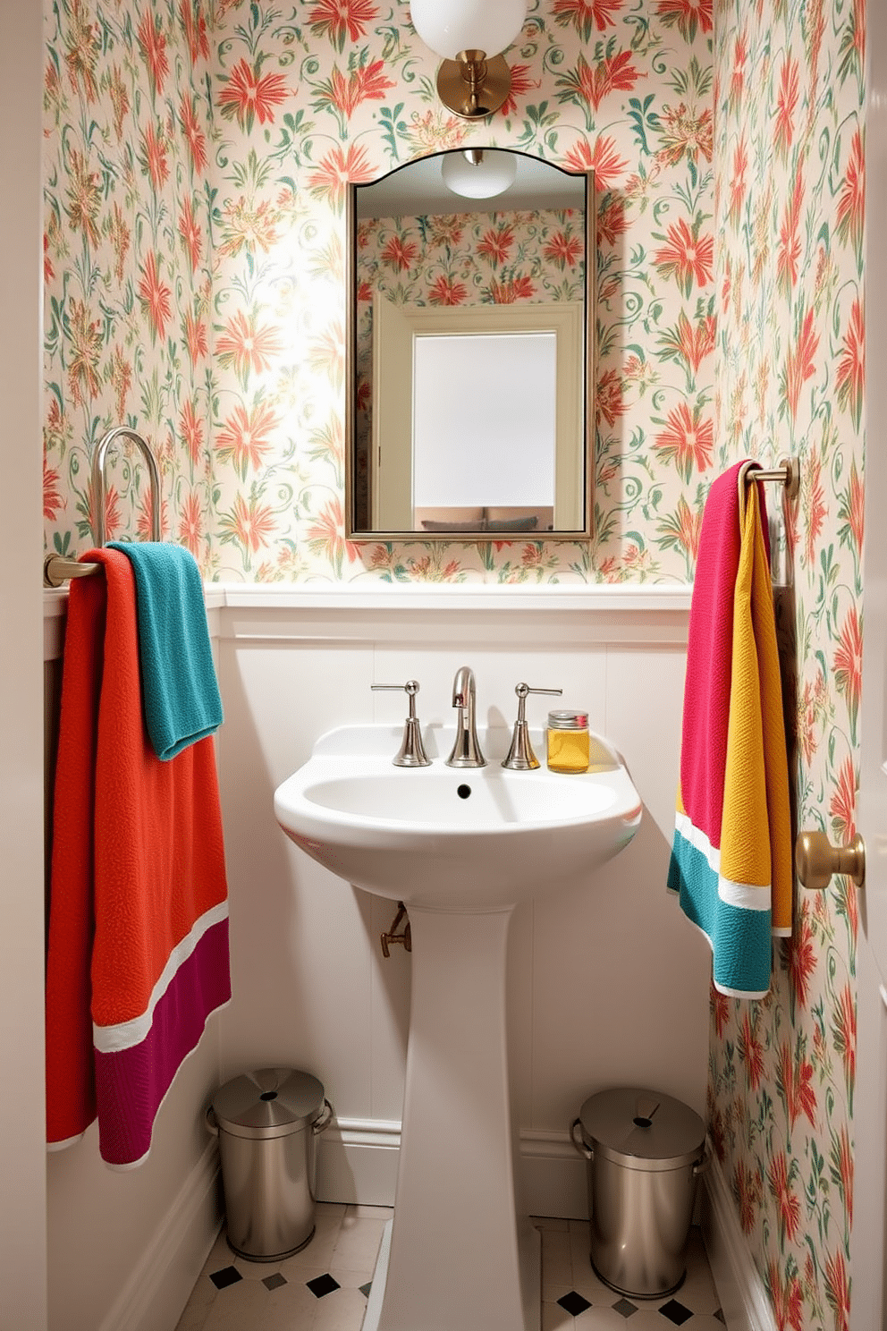 A tiny powder room featuring vibrant, colorful towels that add a cheerful pop of color to the space. The walls are adorned with a playful wallpaper pattern, and a sleek pedestal sink is complemented by a stylish mirror above it.