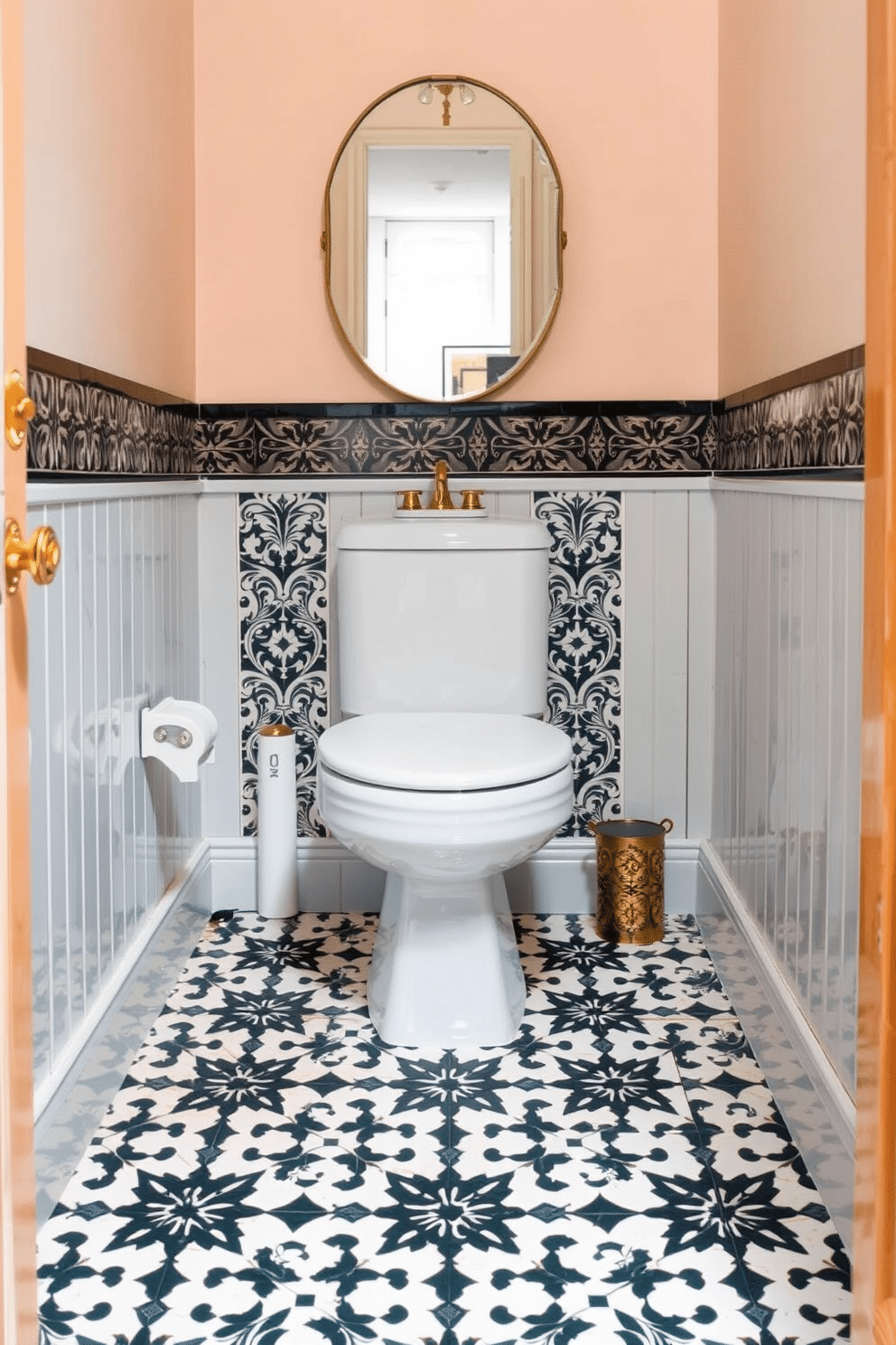 A tiny powder room features bold patterned floor tiles that create a striking visual impact. The walls are adorned with a soft pastel hue, complementing the intricate designs of the tiles while maximizing the sense of space.