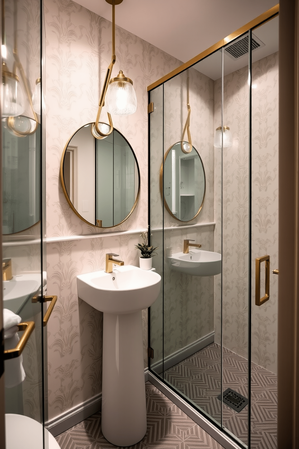 A stylish powder room featuring glass shower doors that create an illusion of spaciousness. The walls are adorned with elegant wallpaper in soft pastel tones, and a sleek pedestal sink is positioned in the corner, maximizing floor space. A round mirror with a modern frame hangs above the sink, reflecting ambient light from a chic pendant light fixture. The floor is covered with a geometric tile design, and a small potted plant adds a touch of greenery to the decor.