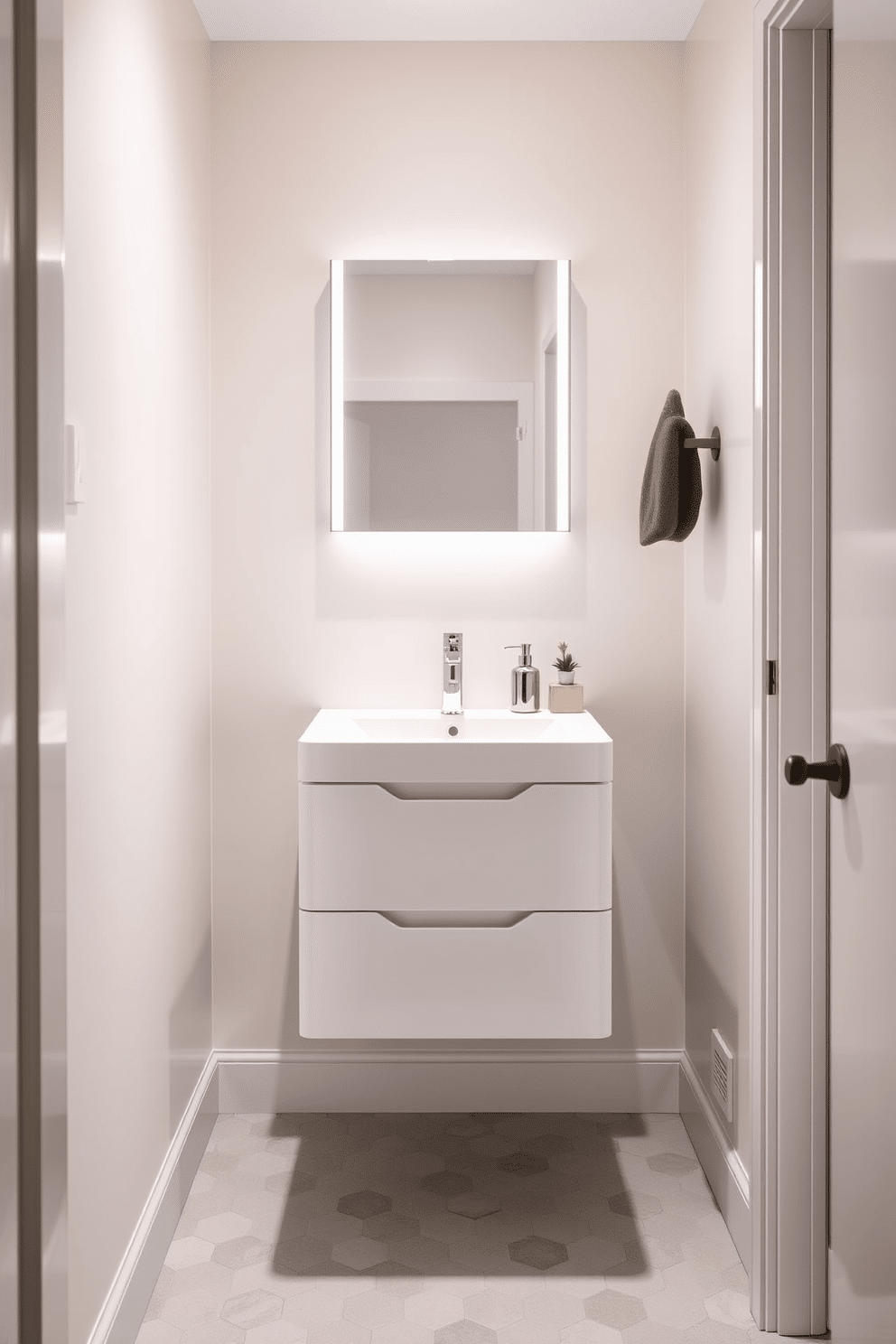 A floating vanity with sleek lines is the centerpiece of this tiny powder room, showcasing a minimalist design that maximizes space. The vanity features a glossy white finish and a modern sink, complemented by a stylish wall-mounted mirror that enhances the room's depth. The walls are adorned with a soft pastel color, creating an inviting atmosphere, while the floor is covered in elegant hexagonal tiles. Decorative elements like a small potted plant and a chic soap dispenser add personality without overcrowding the space.